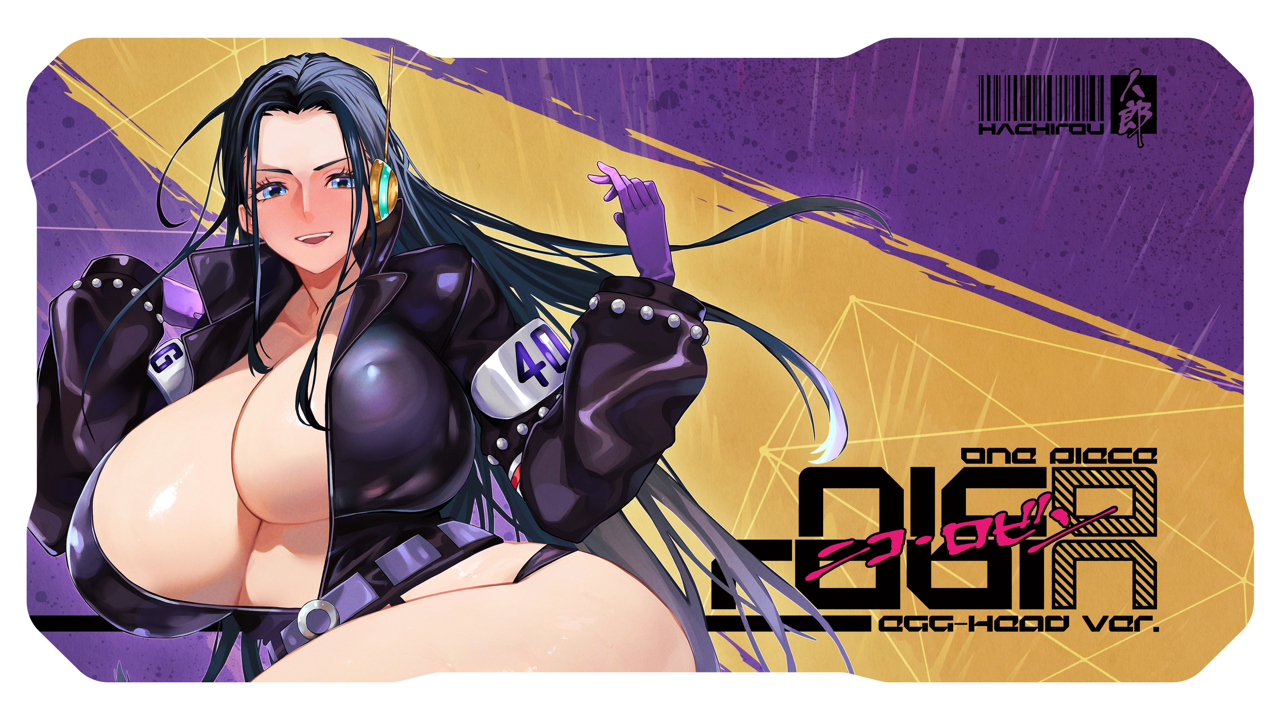 hachirou (crazy318), nico robin, one piece, absurdres, commentary request, commission, highres, skeb commission, 1girl, belt, black hair, black jacket, blue eyes, blush, breasts, cleavage, cropped jacket, gloves, hands up, headphones, huge breasts, jacket, long hair, long sleeves, looking at viewer, parted bangs, purple belt, purple gloves, smile, solo, thighs