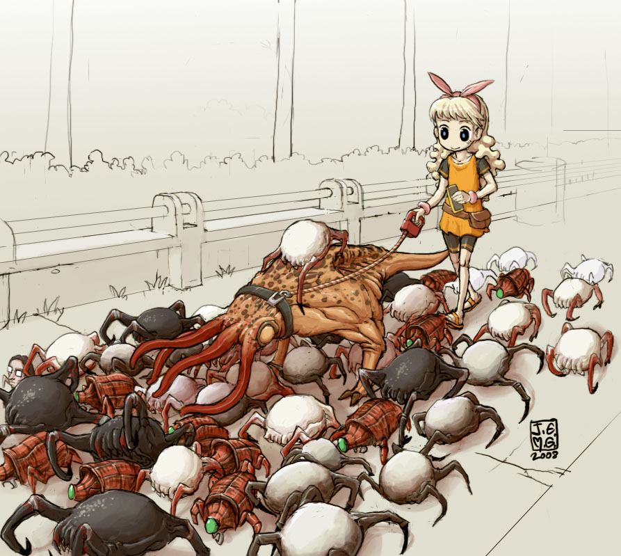 j-e-m-g, bullsquid, headcrab, poison headcrab, snark, half-life, half-life (series), half-life 1, half-life 2, 2008, bow, bug, child, cloud hair, collar, dated, glasses, hair bow, leash, monster, opaque glasses, outdoors, partially colored, pet, signature, when you see it