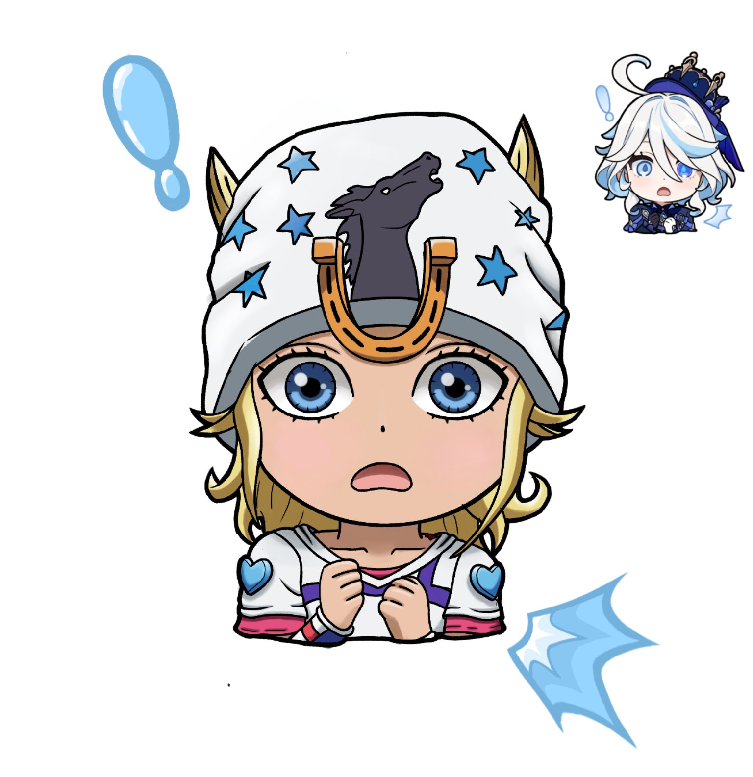 furina (genshin impact), johnny joestar, genshin impact, jojo no kimyou na bouken, steel ball run, derivative work, highres, !, 1boy, 1girl, ahoge, asymmetrical gloves, beanie, black gloves, blonde hair, blue eyes, blue hair, blue hat, blue shirt, blush, chibi, chibi only, gloves, hat, heart ornament, hood, hood down, hoodie, horse print, horseshoe hat ornament, horseshoe ornament, k-ran, long hair, looking at viewer, open mouth, red sleeves, reference inset, shirt, short sleeves, star (symbol), surprised, top hat, two-tone sleeves, white background, white gloves, white hair, white hat, white hoodie, white sleeves, wristband