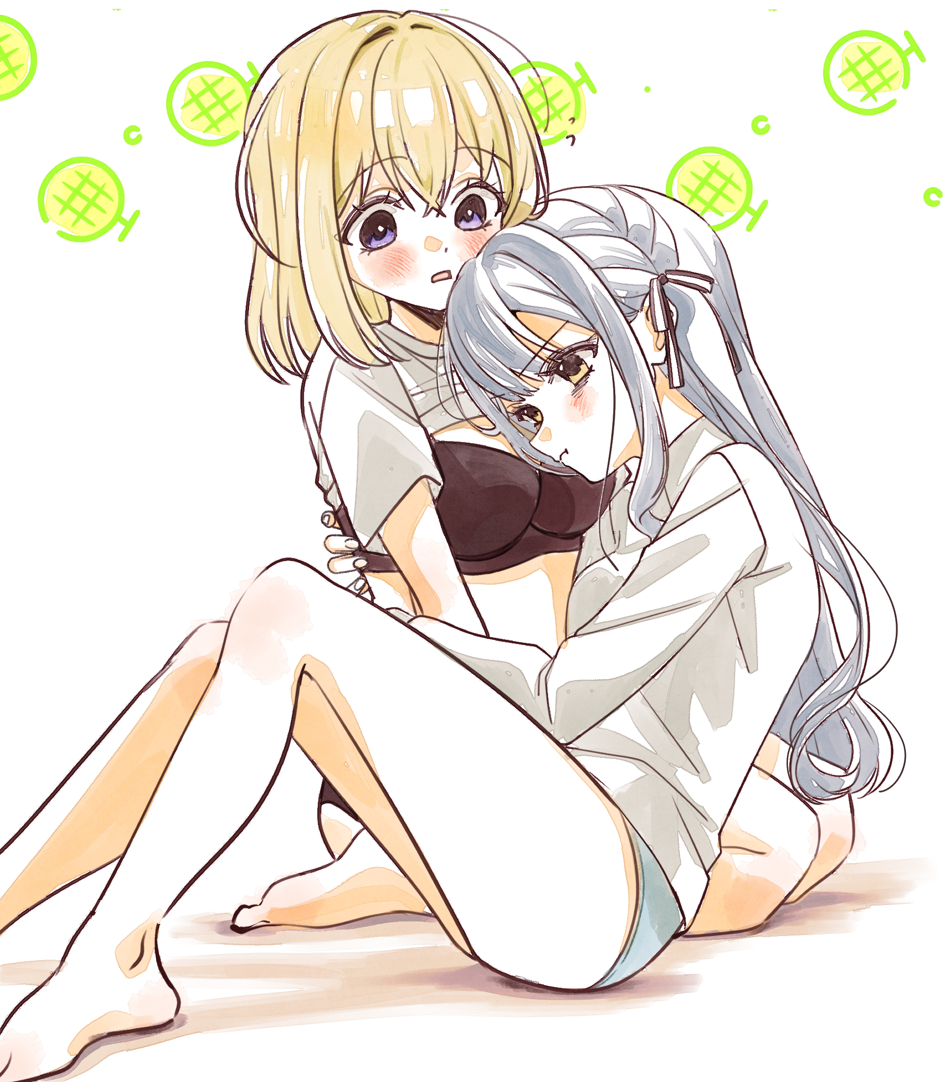 ccc cloudy, misumi uika, togawa sakiko, bang dream!, bang dream! it's mygo!!!!!, commentary, highres, 2girls, barefoot, black ribbon, blonde hair, blue hair, blue panties, blush, bra, closed mouth, clothes lift, food, fruit, hair ribbon, hug, long hair, long sleeves, melon, multiple girls, panties, parted lips, purple eyes, red bra, ribbon, shirt, shirt lift, short sleeves, two side up, underwear, white background, white shirt, yellow eyes, yuri