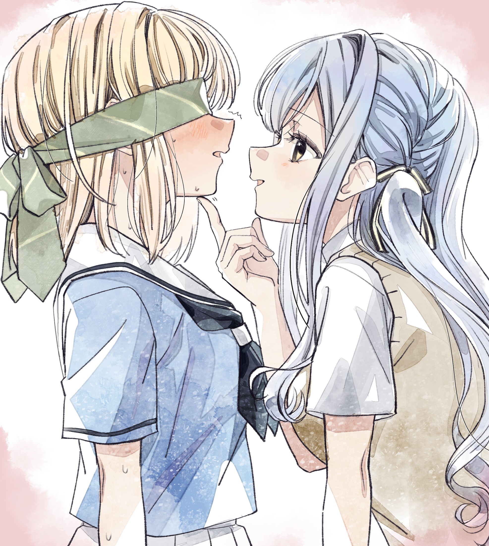 ccc cloudy, misumi uika, togawa sakiko, bang dream!, bang dream! it's mygo!!!!!, commentary, highres, 2girls, black neckerchief, blindfold, blue hair, blue shirt, braid, brown sweater vest, hanasakigawa school uniform, hand on another's chin, haneoka school uniform, long hair, multiple girls, neckerchief, sailor collar, school uniform, serafuku, shirt, short sleeves, sidelocks, simple background, sweater vest, trembling, upper body, white background, white sailor collar, white shirt, yellow eyes, yuri
