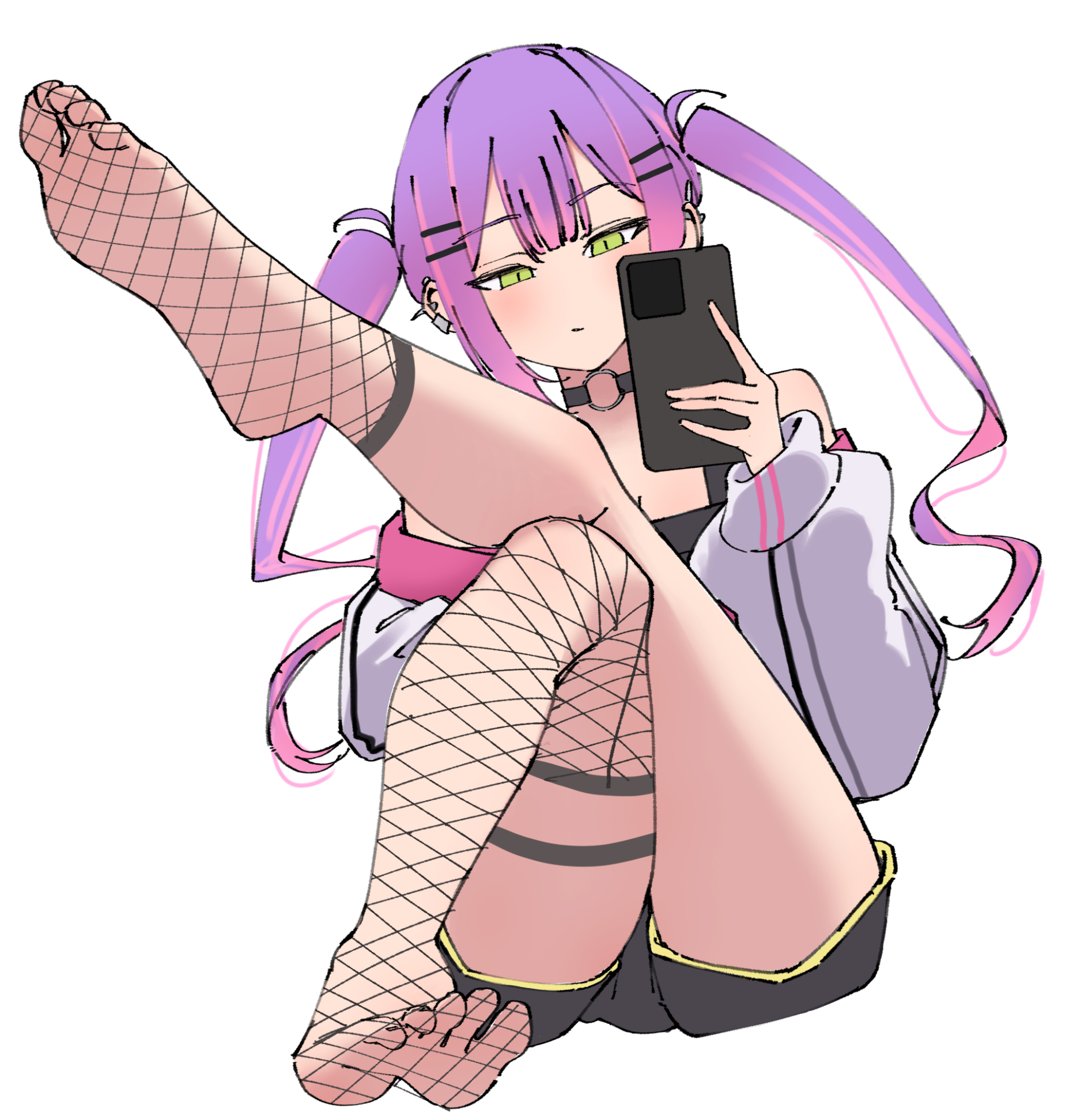 tokoyami towa, tokoyami towa (1st costume), hololive, highres, 1girl, choker, croo (croo168), ear piercing, feet, fishnets, foot focus, green eyes, jacket, phone, piercing, purple hair, selfie, shorts, solo, twintails, virtual youtuber, white jacket