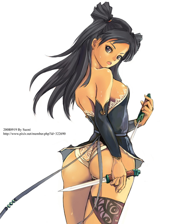 suoni (deeperocean), 1girl, ass, black hair, breasts, brown eyes, curvy, dual wielding, female focus, holding, knife, large breasts, long hair, looking back, sideboob, solo