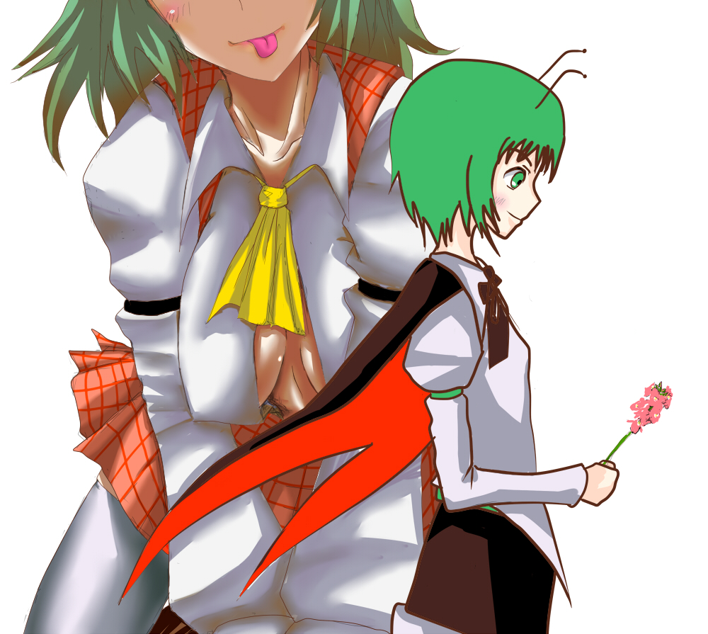 dateya torahachi, kazami yuuka, wriggle nightbug, touhou, 2girls, :p, antennae, ascot, breasts, breasts apart, female focus, flower, green eyes, green hair, holding, holding flower, leaning forward, multiple girls, open clothes, open shirt, plaid clothes, plaid skirt, plaid vest, shirt, short hair, skirt, skirt set, small breasts, thighhighs, tongue, tongue out, vest