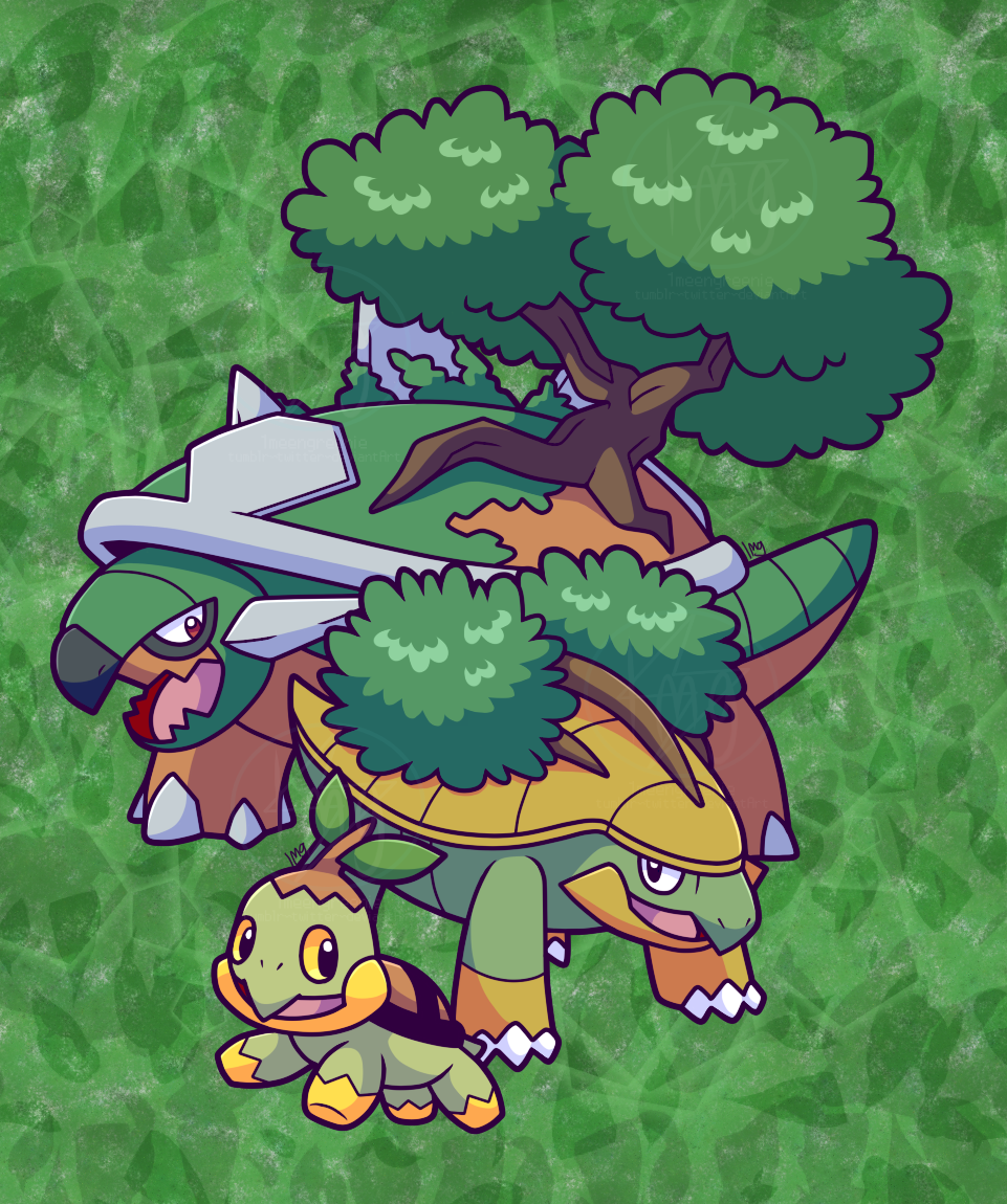 1meengreenie, grotle, torterra, turtwig, nintendo, pokemon, abstract background, evolutionary line, gen 4 pokemon, green background, no humans, pokemon (creature), tree