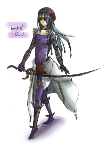 endrance, hack, .hack//, .hack//g.u., bandai, cyber connect 2, lowres, 00s, blue hair, flower, rose, sword, weapon