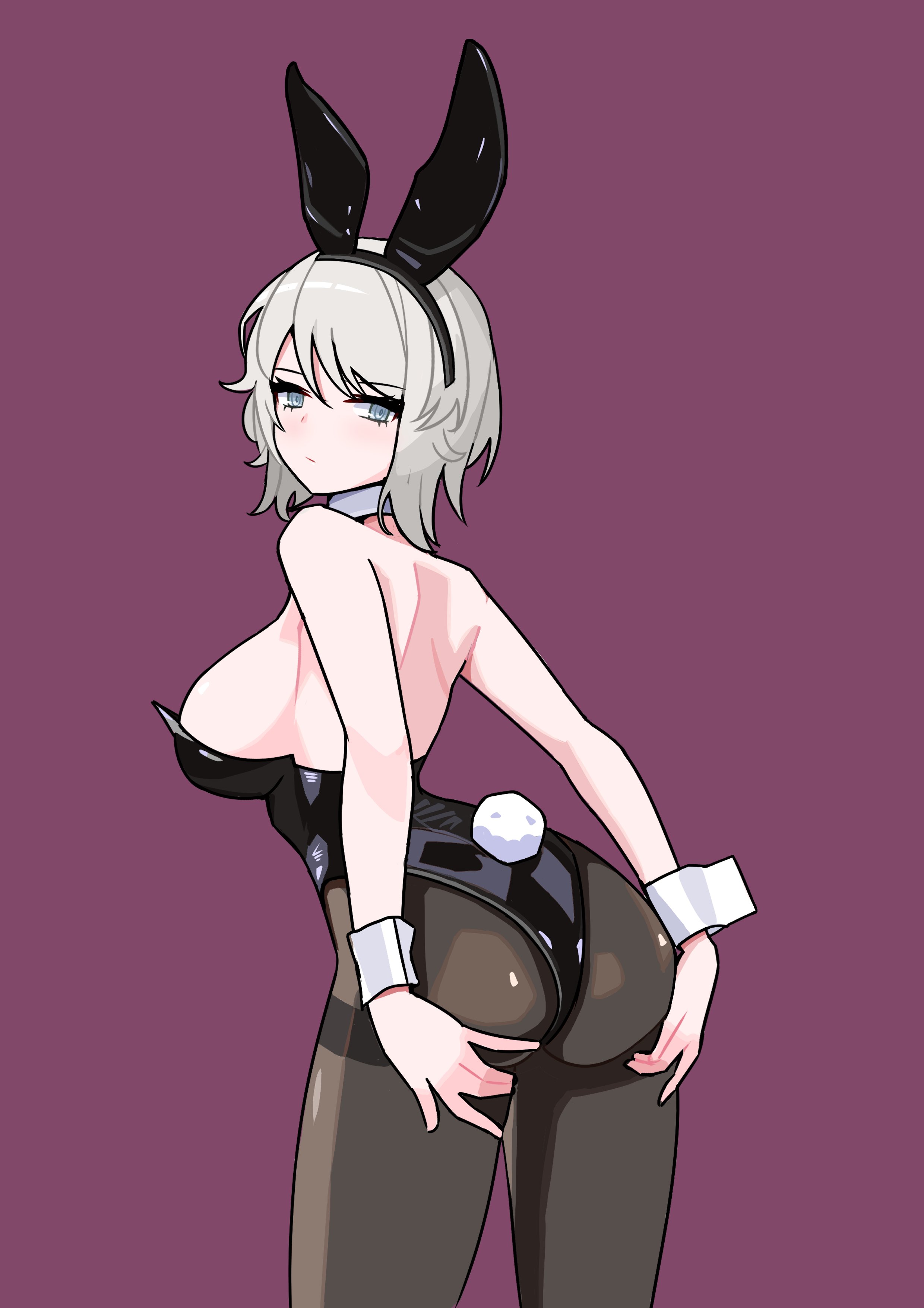 catnip scent, faust (project moon), limbus company, project moon, absurdres, highres, 1girl, alternate costume, animal ear hairband, animal ears, ass, black leotard, blue eyes, breasts, closed mouth, detached collar, fake animal ears, fake tail, hairband, leotard, looking at viewer, looking back, playboy bunny, presenting, presenting ass, purple background, rabbit ear hairband, rabbit ears, rabbit tail, short hair, sideboob, simple background, solo, standing, strapless, strapless leotard, tail, upper body, white hair, white wrist cuffs, wrist cuffs