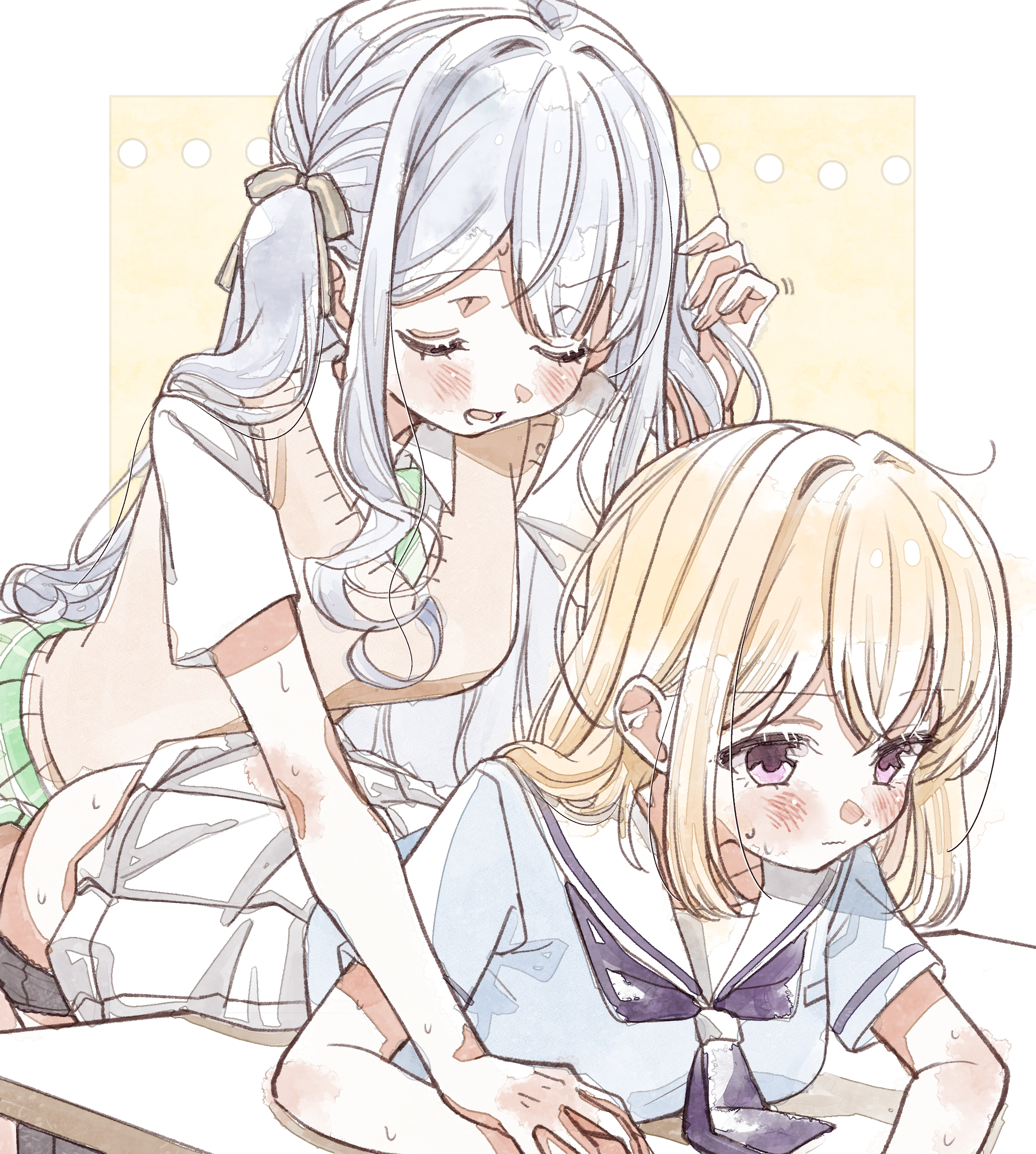 ccc cloudy, misumi uika, togawa sakiko, bang dream!, bang dream! it's mygo!!!!!, absurdres, commentary, highres, 2girls, bent over, blonde hair, blue hair, blue neckerchief, blue shirt, blush, breasts, brown sweater vest, closed eyes, closed mouth, futa with female, futanari, hanasakigawa school uniform, haneoka school uniform, long hair, medium breasts, multiple girls, neckerchief, open mouth, panties, panty pull, purple eyes, sailor collar, school uniform, serafuku, sex, shirt, short hair, skirt, sweatdrop, sweater vest, underwear, white sailor collar, white skirt