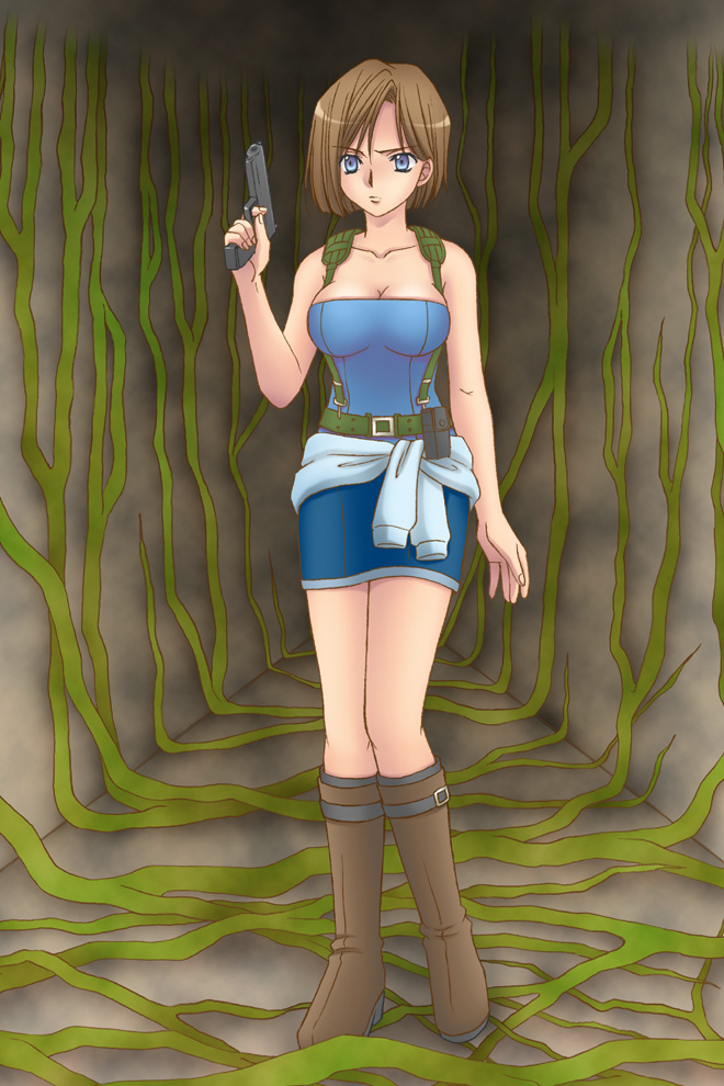 yu-ta.18, jill valentine, resident evil, resident evil 3: nemesis, 1girl, blue eyes, boots, breasts, brown hair, cleavage, female focus, gun, looking at viewer, medium breasts, plant, serious, short hair, solo, strapless, tube top, vines, weapon