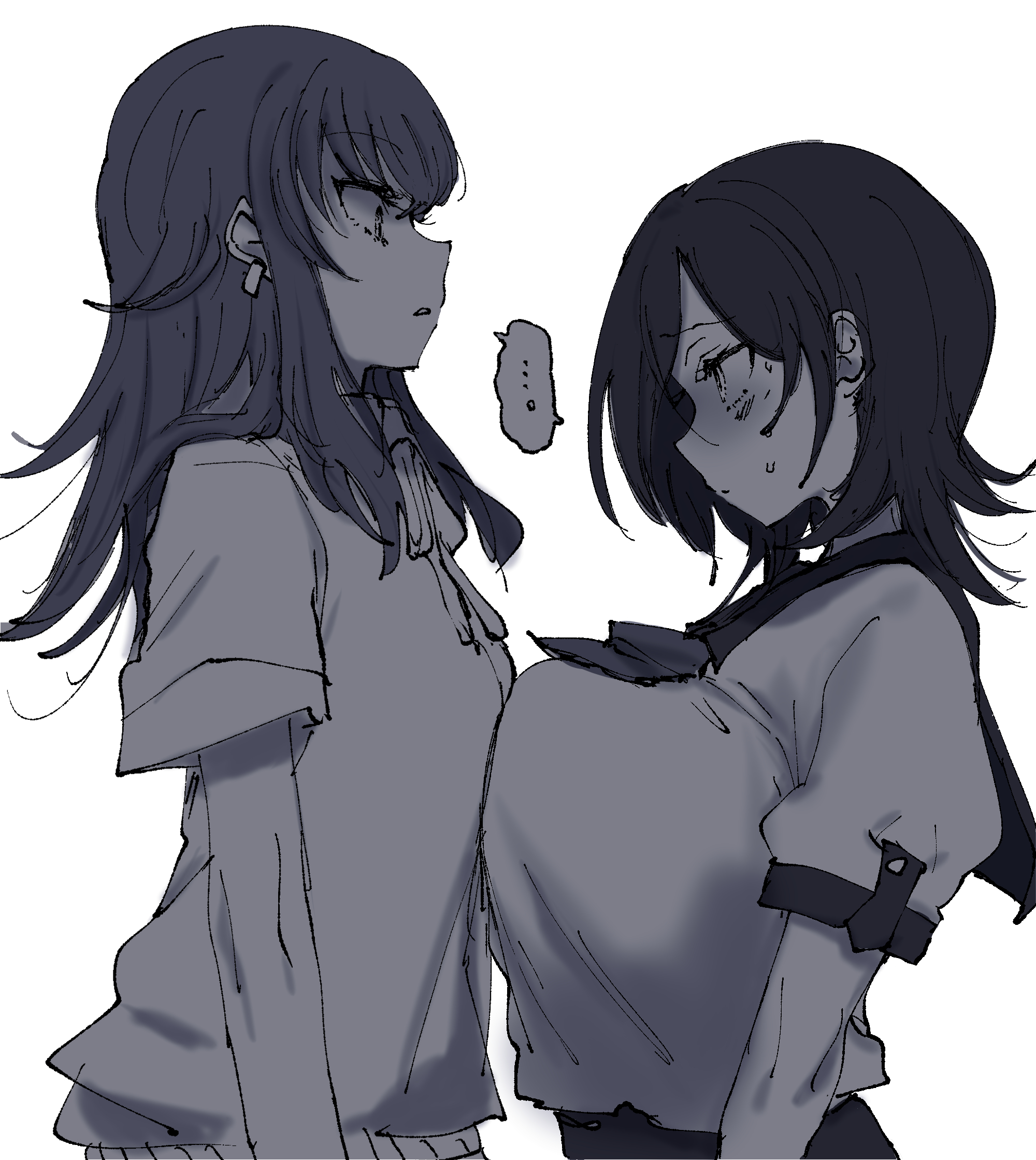 eurasia (wtp09ptw14), original, commentary request, highres, unfinished, …, 2girls, asymmetrical docking, breast envy, breast press, breasts, from side, greyscale, large breasts, long hair, looking at another, looking down, looking up, monochrome, multiple girls, parted bangs, parted lips, shirt, short hair, short sleeves, simple background, sketch, small breasts, speech bubble, spoken ellipsis, staring, sweat, upper body, white background