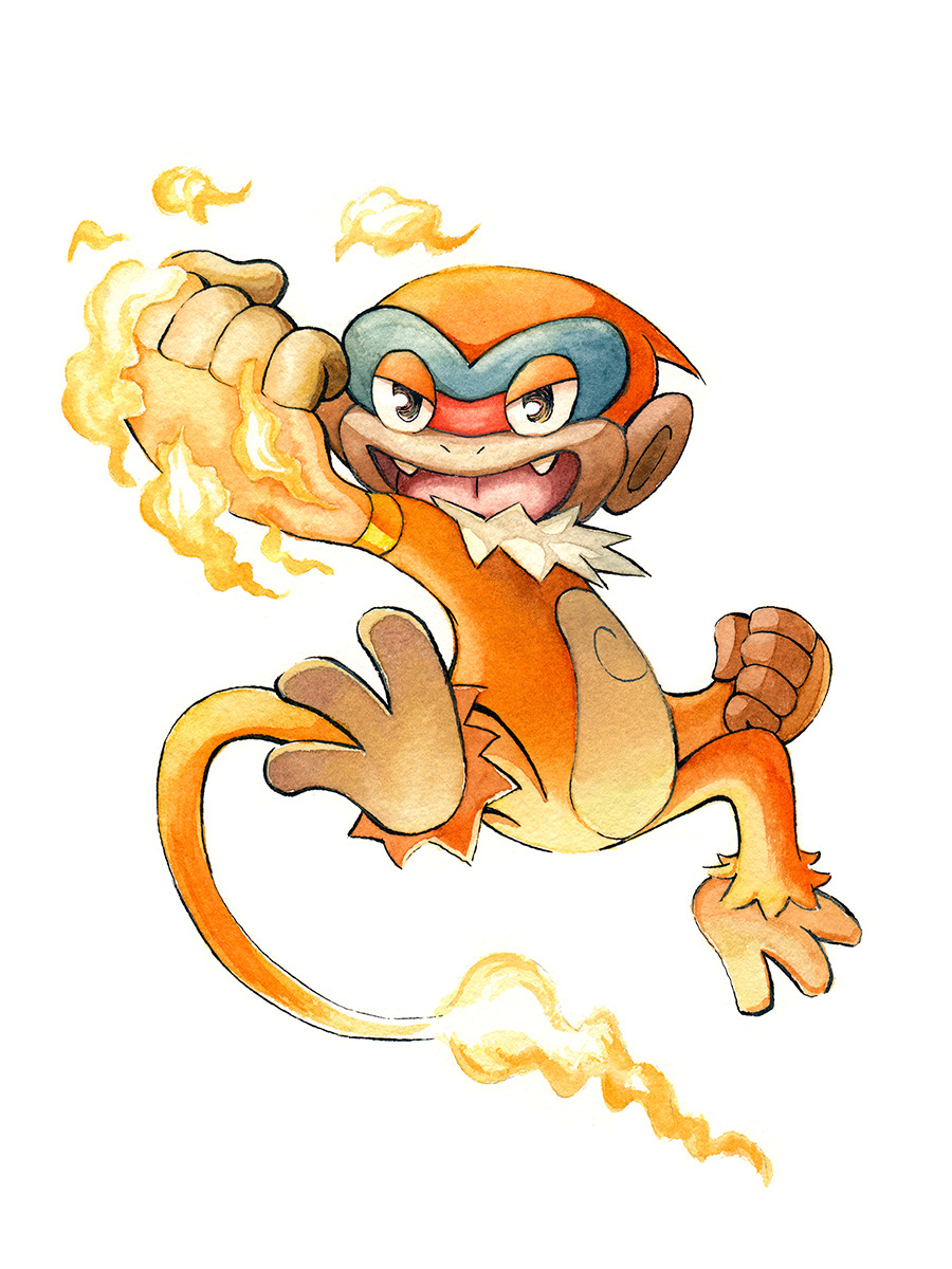 oliver hamlin, monferno, nintendo, pokemon, highres, painting (medium), traditional media, watercolor (medium), brown fur, clenched hands, fire, flame-tipped tail, gen 4 pokemon, monkey, open mouth, pokemon (creature), simple background, solo, tail, white background