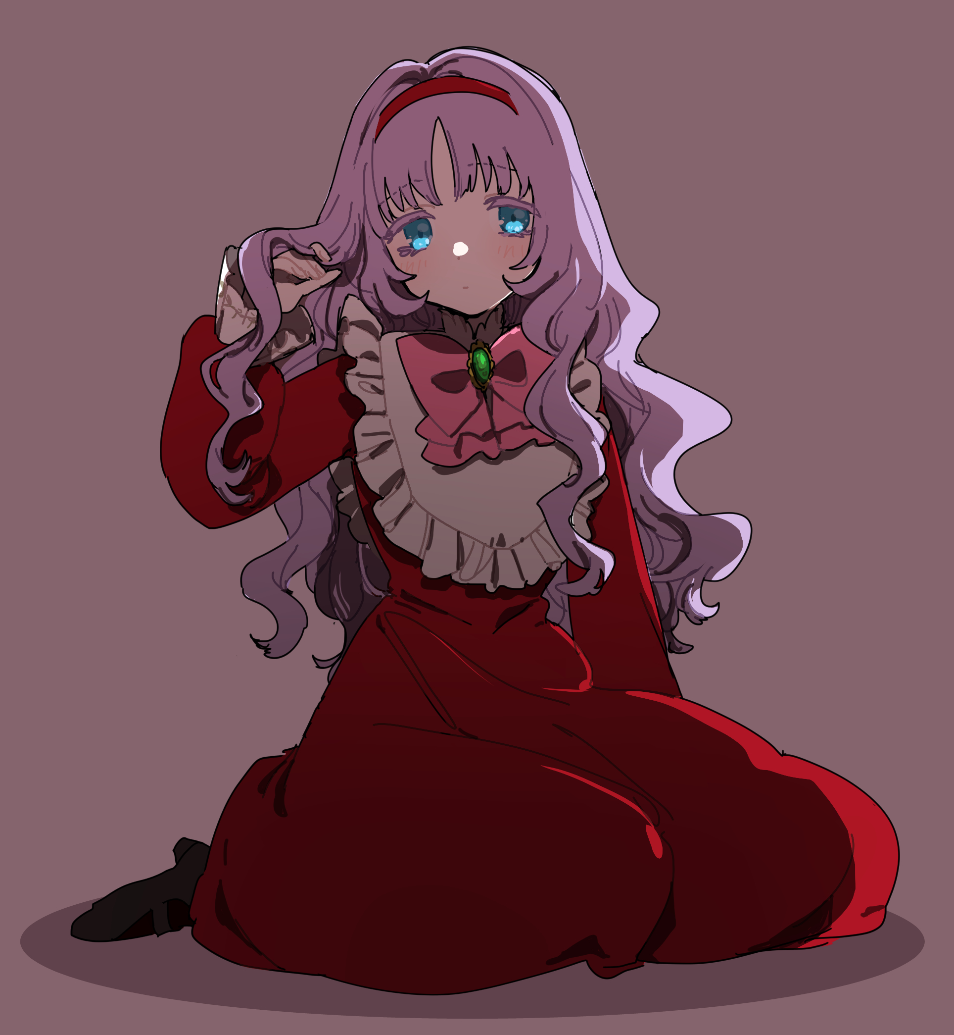 eurasia (wtp09ptw14), francoise (eurasia), original, commentary request, highres, 1girl, aged down, blue eyes, blush, bow, brooch, closed mouth, dress, frills, full body, gem, green gemstone, hairband, hand in own hair, hand up, jewelry, long hair, long sleeves, looking at viewer, pink bow, purple background, purple hair, red dress, red hairband, simple background, sitting, solo, wavy hair