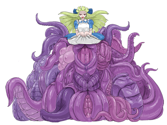 setouchi (blackse), black alice (mon-musu quest!), mon-musu quest!, mon-musu quest: paradox, game cg, variant set, 1girl, apron, black alice (second form), blue dress, blue ribbon, breasts, clothes lift, dress, eldritch abomination, extra breasts, floating hair, frilled apron, frills, green hair, hair ribbon, hime cut, large breasts, long hair, monster girl, nose, open mouth, partially shaded face, puffy short sleeves, puffy sleeves, red eyes, ribbon, scylla, short sleeves, skirt, skirt lift, smile, tentacles