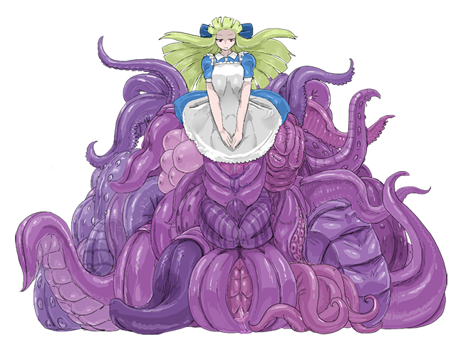 setouchi (blackse), black alice (mon-musu quest!), mon-musu quest!, mon-musu quest: paradox, game cg, variant set, 1girl, apron, black alice (second form), blue dress, blue ribbon, breasts, closed mouth, dress, eldritch abomination, expressionless, extra breasts, floating hair, frilled apron, frills, green hair, hair ribbon, hime cut, large breasts, long hair, monster girl, nose, partially shaded face, puffy short sleeves, puffy sleeves, red eyes, ribbon, scylla, short sleeves, tentacles