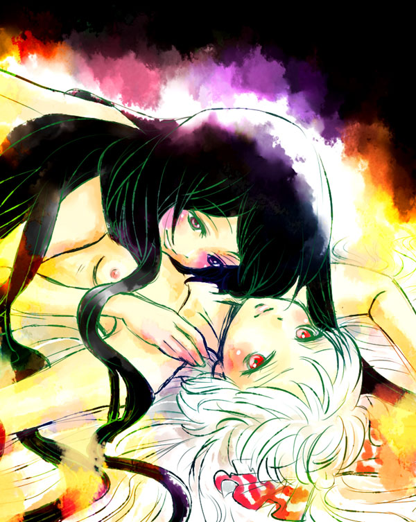 sada noriko, sunata, fujiwara no mokou, houraisan kaguya, touhou, 2girls, breasts, female focus, flat chest, long hair, multiple girls, nipples, ribbon, small breasts, yuri