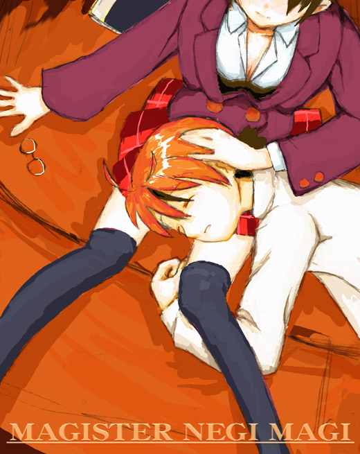 negi springfield, mahou sensei negima!, plaid, 00s, 1boy, 1girl, black hair, black thighhighs, breasts, cleavage, closed eyes, glasses, hand on another's head, lap pillow, lying, orange hair, school uniform, serafuku, short hair, sitting, skirt, sleeping, smile, teenage girl and younger boy, thighhighs, zettai ryouiki