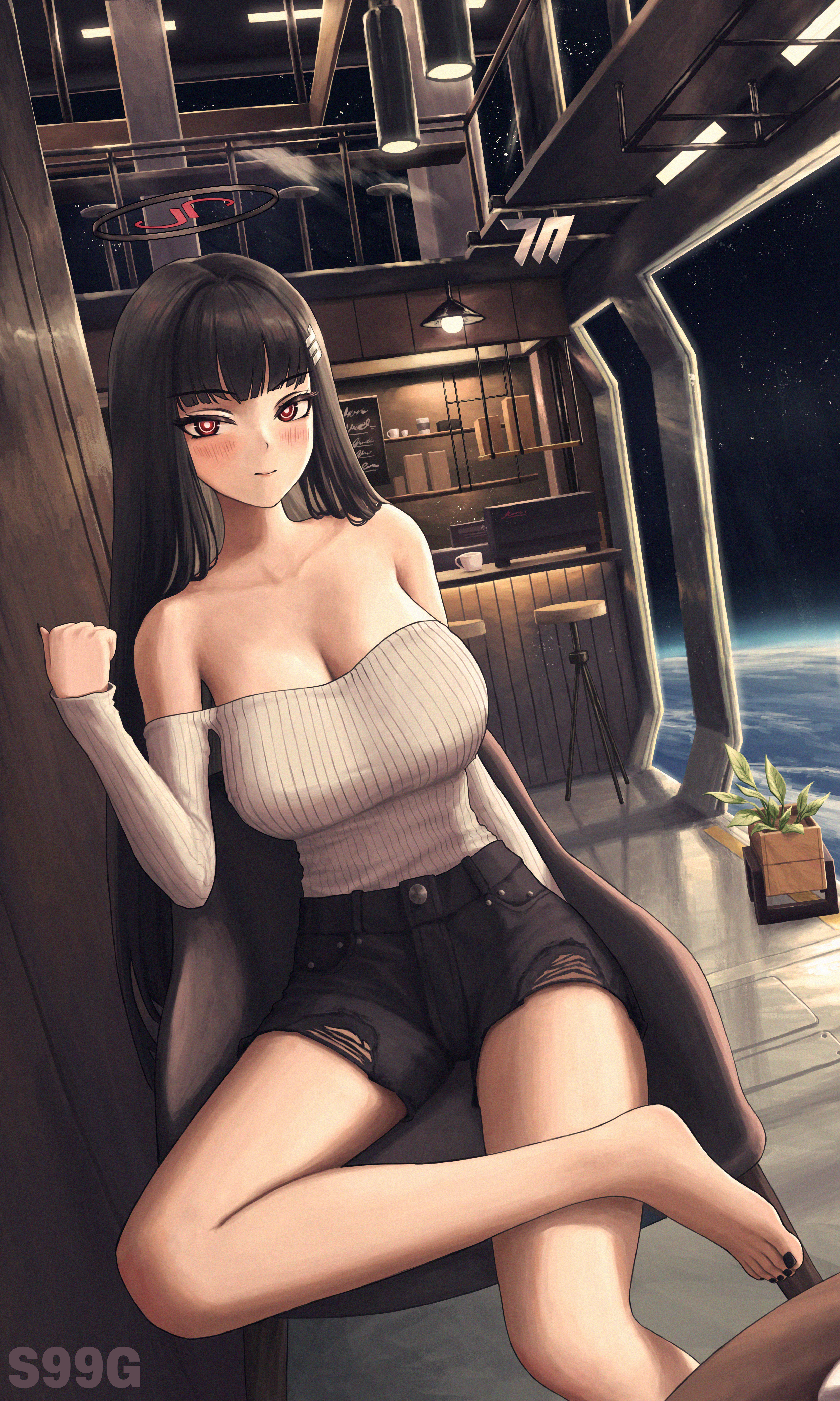 s99g, rio (blue archive), blue archive, absurdres, commentary request, highres, 1girl, bare shoulders, barefoot, black hair, black nails, blush, breasts, cleavage, crossed legs, hair ornament, hairclip, halo, large breasts, long hair, looking at viewer, nail polish, red eyes, ribbed sweater, ringed eyes, shorts, sitting, smile, solo, sweater, toenail polish, toenails, very long hair