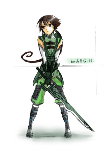 hack, silabus, .hack//, .hack//g.u., bandai, cyber connect 2, lowres, 00s, 1boy, brown hair, male focus, ponytail, solo, sword, weapon