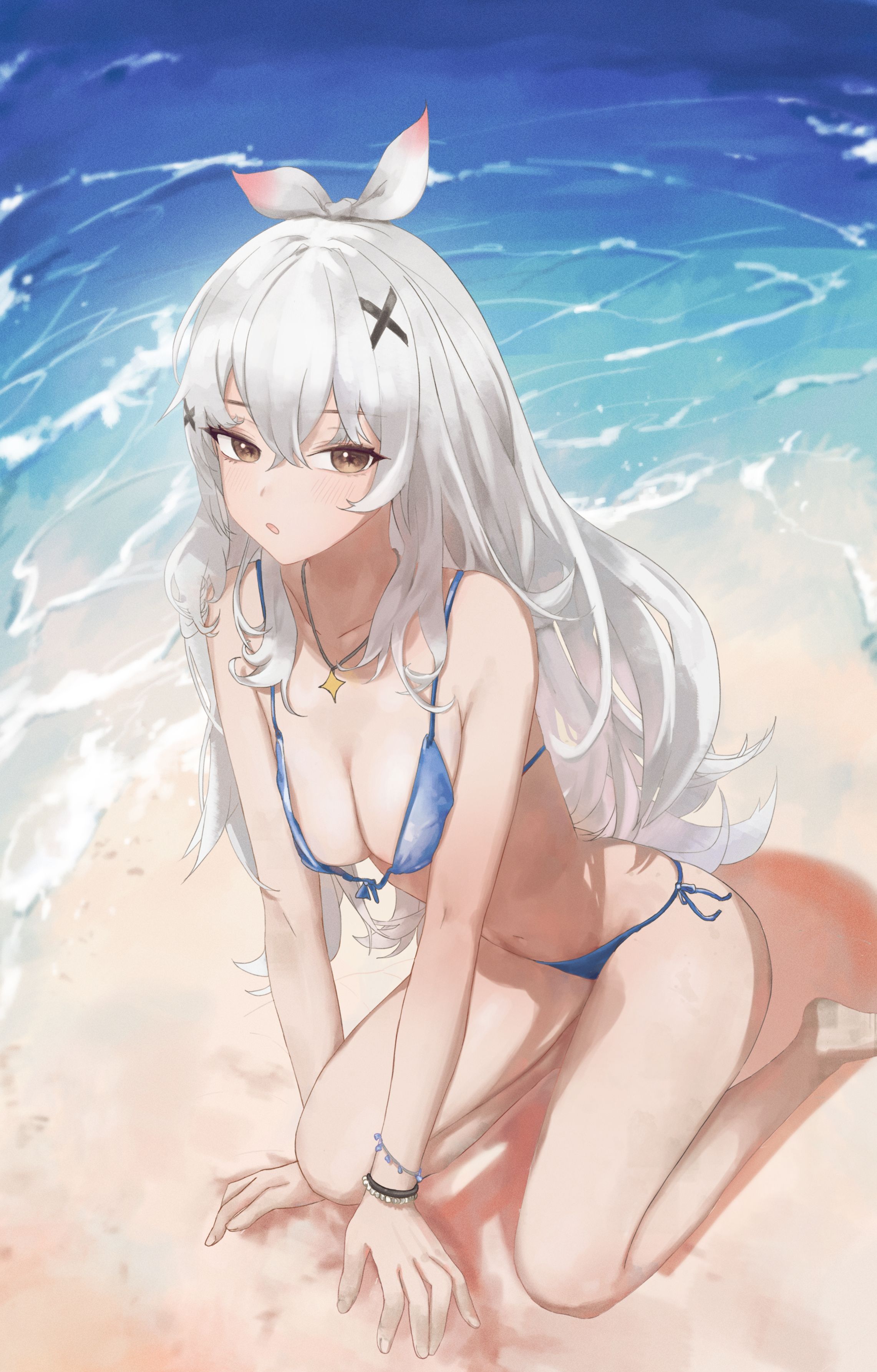 dungeon and fighter, original, absurdres, commission, highres, second-party source, 1girl, all fours, bare arms, bare shoulders, barefoot, beach, bikini, birth's character, blue bikini, bracelet, breasts, brown eyes, cardinal (arca live), cleavage, front-tie bikini top, front-tie top, hair between eyes, hair ornament, hair ribbon, jewelry, long hair, looking at viewer, medium breasts, navel, necklace, open mouth, ribbon, side-tie bikini bottom, solo, stomach, string bikini, swimsuit, thighs, very long hair, water, white hair, x hair ornament