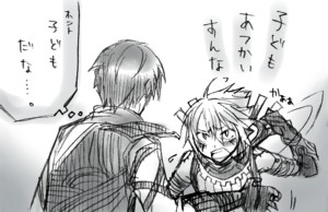 hack, haseo, ovan, .hack//, .hack//g.u., bandai, cyber connect 2, lowres, translation request, 00s, 2boys, gradient background, monochrome, multiple boys