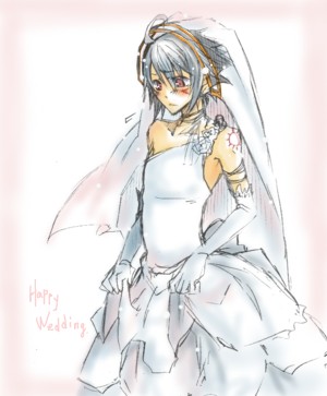 hack, haseo, .hack//, .hack//g.u., bandai, cyber connect 2, lowres, 00s, 1boy, blush, bride, crossdressing, crossdressing (mtf), dress, elbow gloves, gloves, male bride, wedding dress, white hair