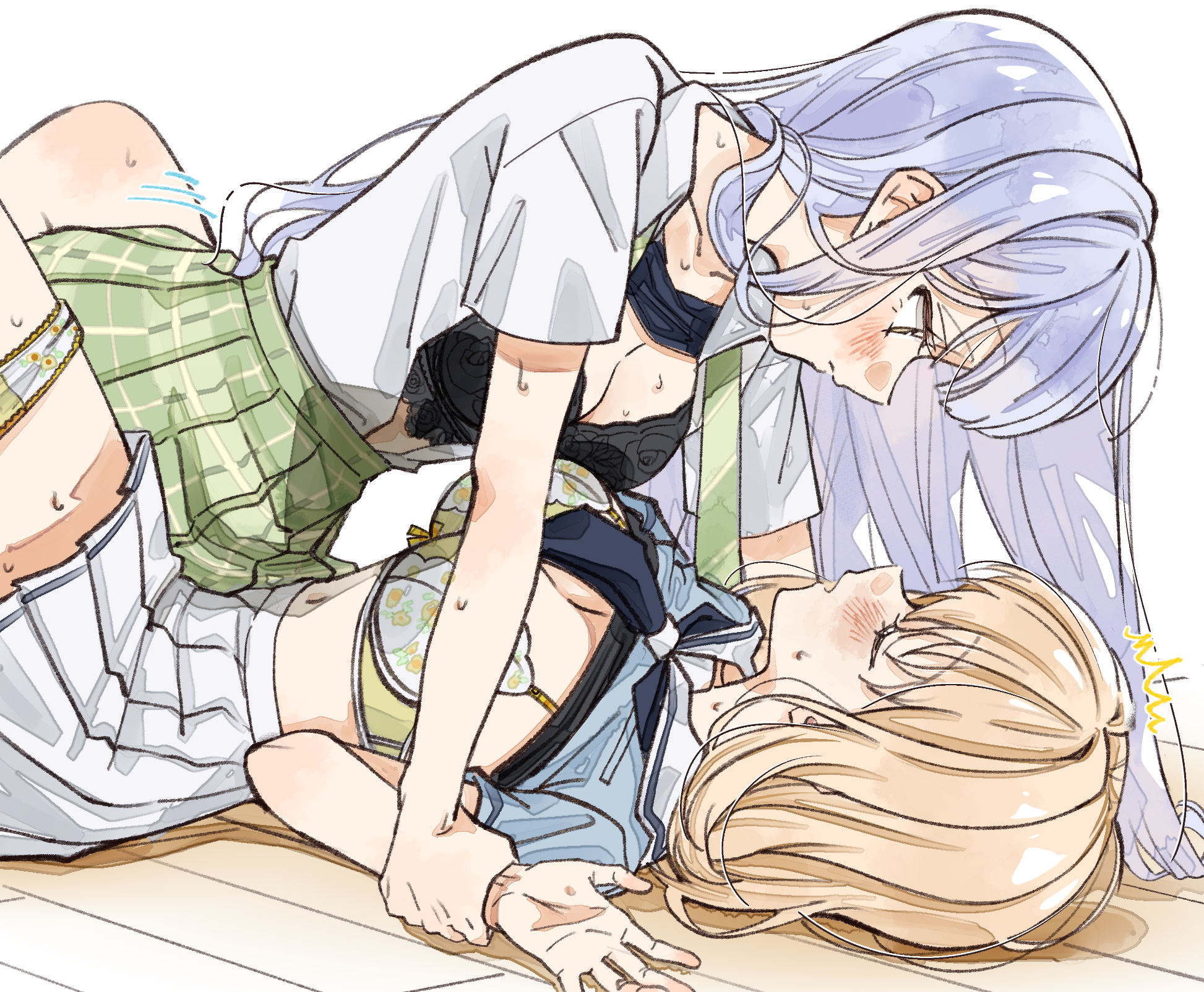 ccc cloudy, misumi uika, togawa sakiko, bang dream!, bang dream! it's mygo!!!!!, commentary, highres, 2girls, between legs, black bra, blonde hair, blue hair, blush, bra, breasts, cleavage, closed eyes, closed mouth, futa with female, futanari, green skirt, hanasakigawa school uniform, haneoka school uniform, holding another's wrist, implied sex, long hair, looking at another, medium hair, multiple girls, open clothes, open shirt, panties, panties around leg, parted lips, pinned, pleated skirt, school uniform, shirt, short sleeves, skirt, sweat, underwear, white shirt, white skirt, yellow bra