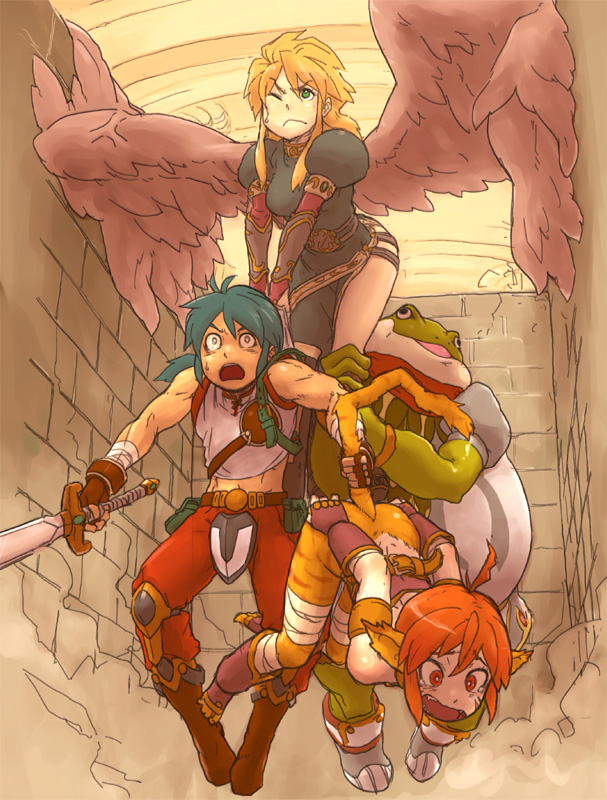yuuna (alexi), jean (breath of fire), katt (breath of fire), nina (breath of fire ii), ryu (breath of fire ii), breath of fire, breath of fire ii, capcom, 2boys, 2girls, animal ears, black wings, breasts, cat ears, frog, gameplay mechanics, multiple boys, multiple girls, no panties, side slit, sword, weapon, wings