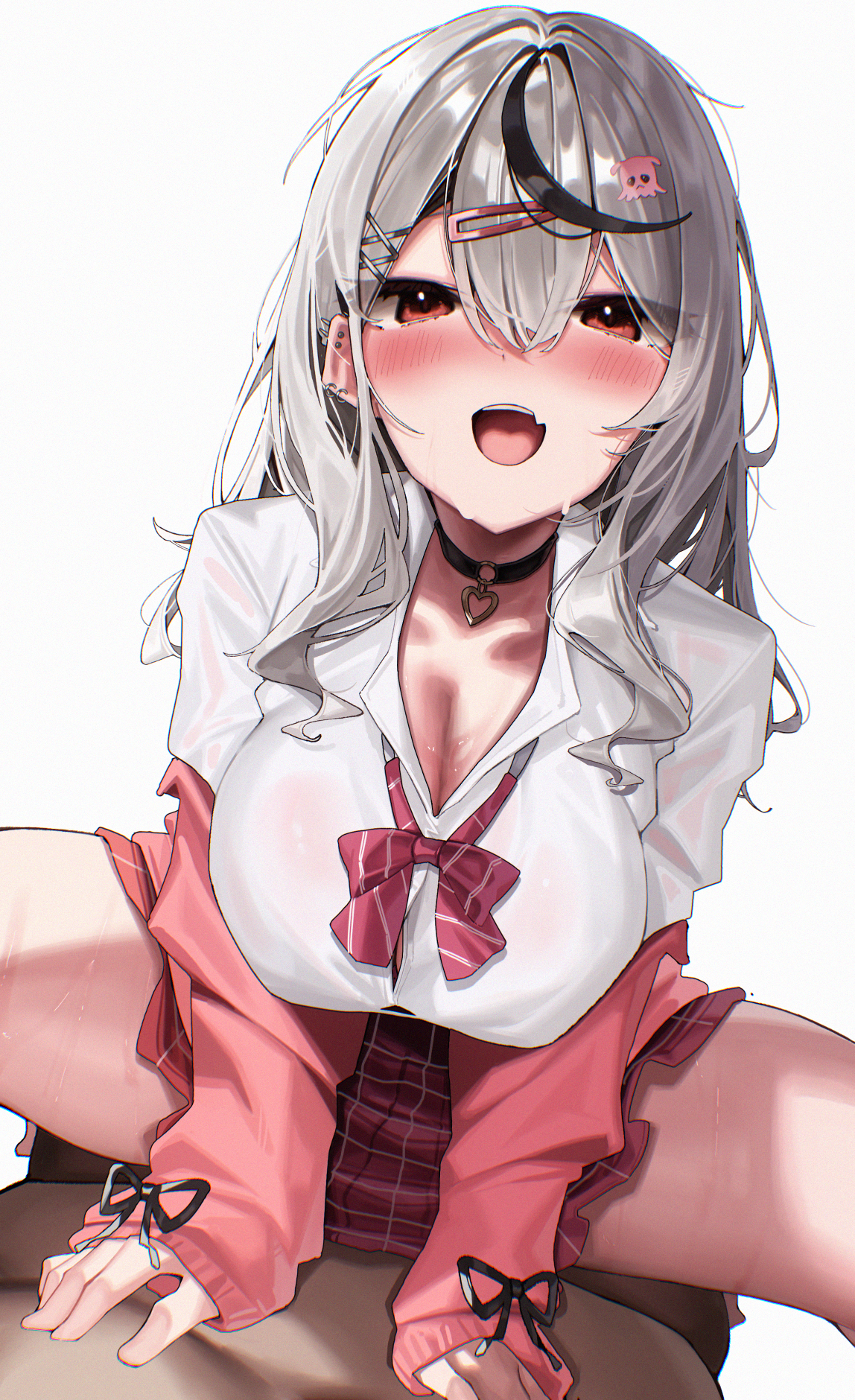 keienu0, sakamata chloe, sakamata chloe (gyarumata), hololive, commentary request, highres, paid reward available, 1girl, 1other, black choker, black hair, blush, bow, breasts, button gap, cardigan, choker, double-parted bangs, earrings, fang, girl on top, grey hair, hair ornament, hairclip, heart pendant, jacket, jewelry, large breasts, long hair, looking at viewer, messy hair, miniskirt, multicolored hair, o-ring, o-ring choker, octopus hair ornament, off shoulder, official alternate costume, open mouth, pendant choker, pink cardigan, pink jacket, plaid clothes, plaid skirt, pov, red bow, red eyes, red skirt, school uniform, sexually suggestive, shirt, skin fang, skirt, spiked ear piercing, spread legs, straddling, streaked hair, teeth, upper teeth only, virtual youtuber, white shirt, x hair ornament