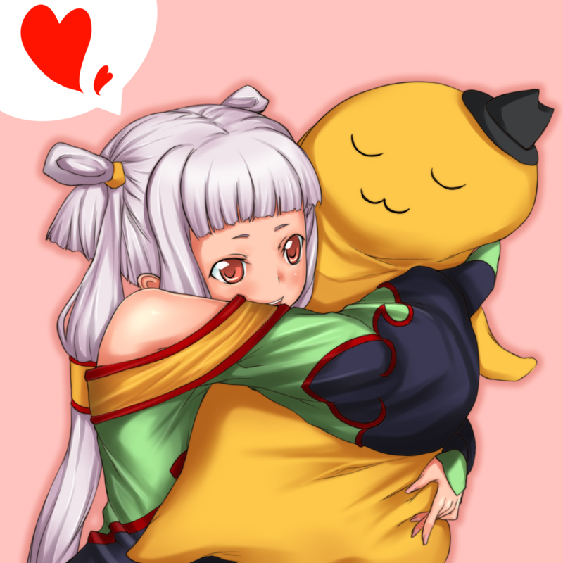 rokuichi, cheese-kun, tianzi, code geass, pizza hut, silver hair, 00s, 1girl, :3, female focus, hat, heart, hug, hugging object, long hair, pillow, pillow hug, red eyes, solo, twintails