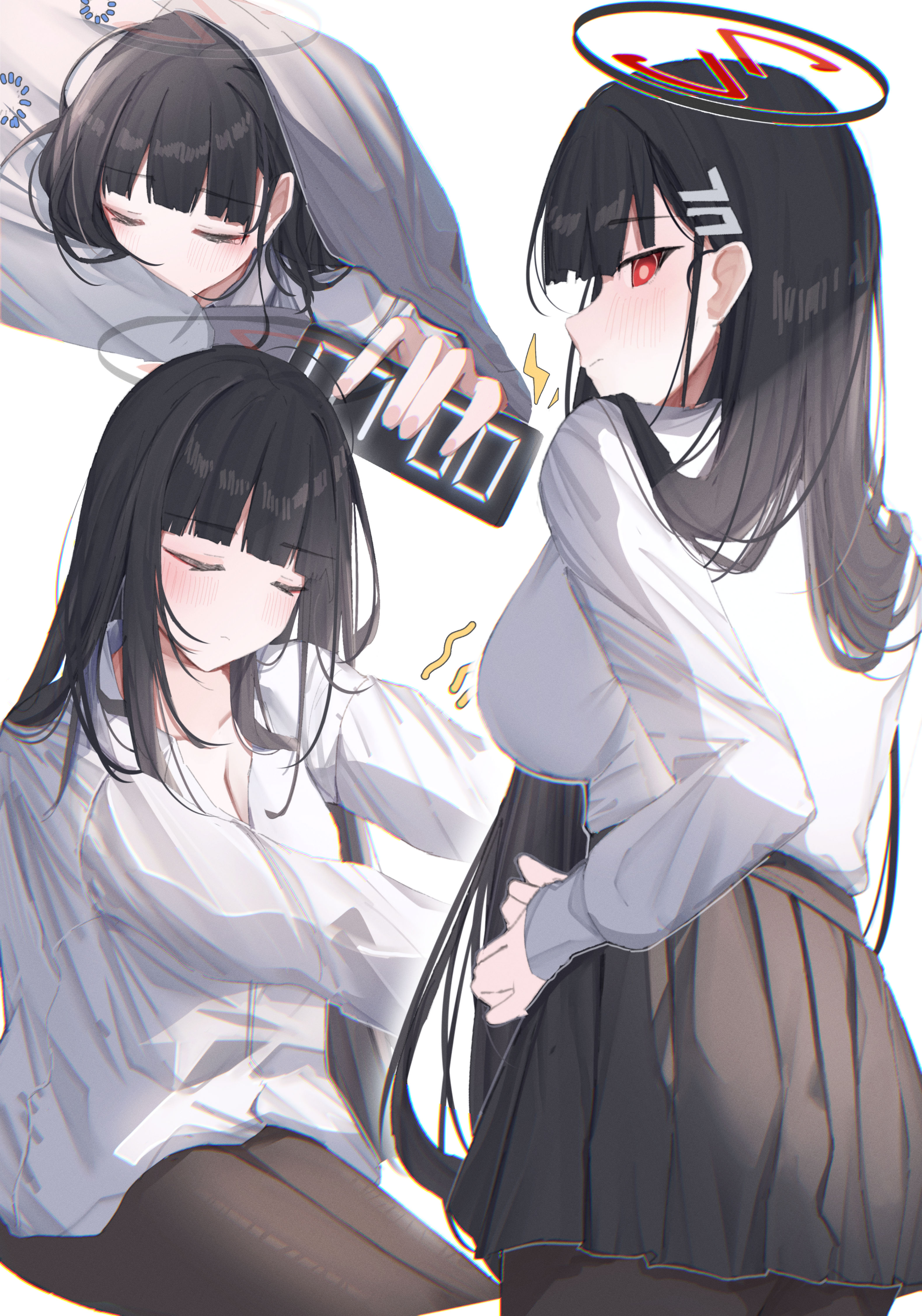 leonardo 566, rio (blue archive), blue archive, absurdres, commentary request, highres, 1girl, black hair, black pantyhose, blush, breasts, clock, hair ornament, hairclip, halo, large breasts, long hair, looking at viewer, multiple views, pantyhose, pleated skirt, red eyes, simple background, skirt, smile, white background