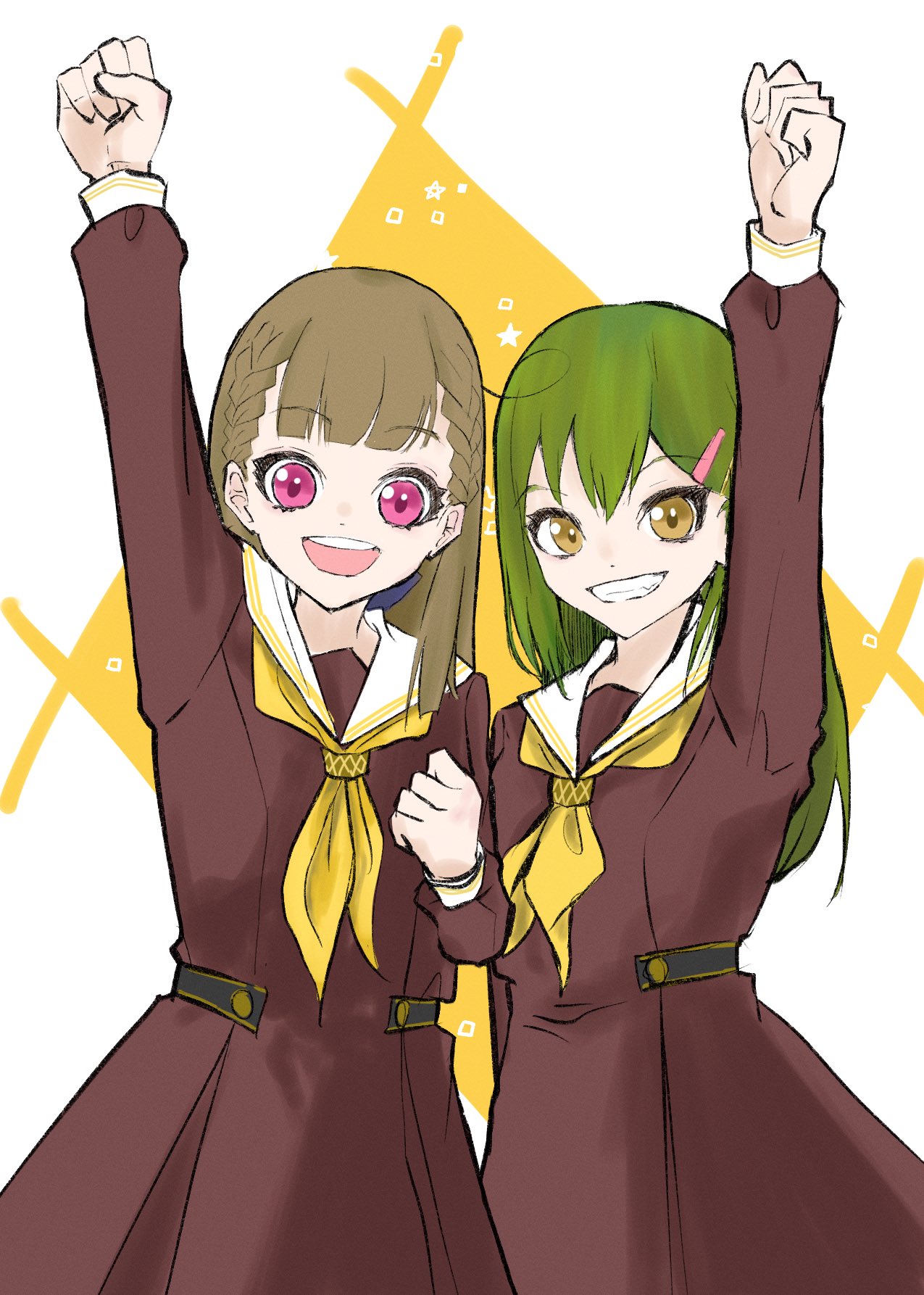 kachimachi kosuzu, ogami sachi, link! like! love live!, love live!, commentary, highres, 2girls, :d, arm up, braid, brown hair, center-flap bangs, clenched hands, cowboy shot, dress, green hair, grin, hasu no sora school uniform, long hair, looking at viewer, multiple girls, neckerchief, open mouth, pink eyes, raised fist, sailor collar, sailor dress, sankakull, school uniform, side braids, simple background, smile, star (symbol), teeth, upper teeth only, virtual youtuber, white sailor collar, winter uniform, yellow background, yellow eyes, yellow neckerchief