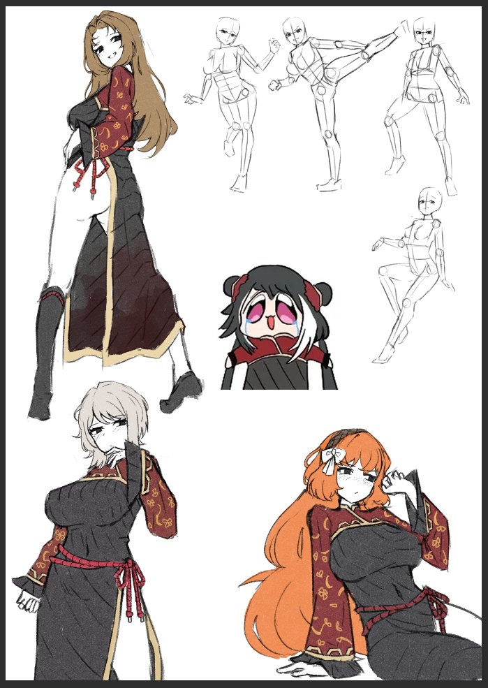 catnip scent, faust (project moon), ishmael (project moon), jia xichun (project moon), rodion (project moon), limbus company, project moon, 3girls, ass, black dress, bow, breasts, brown hair, brown hairband, chibi, chibi inset, china dress, chinese clothes, cosplay, covered navel, dress, freckles, full body, hair bow, hairband, jia xichun (project moon) (cosplay), long hair, long sleeves, looking at viewer, looking back, multiple girls, orange hair, parted bangs, red shrug, rope belt, short hair, shrug (clothing), simple background, sitting, standing, upper body, white background, white bow, white hair