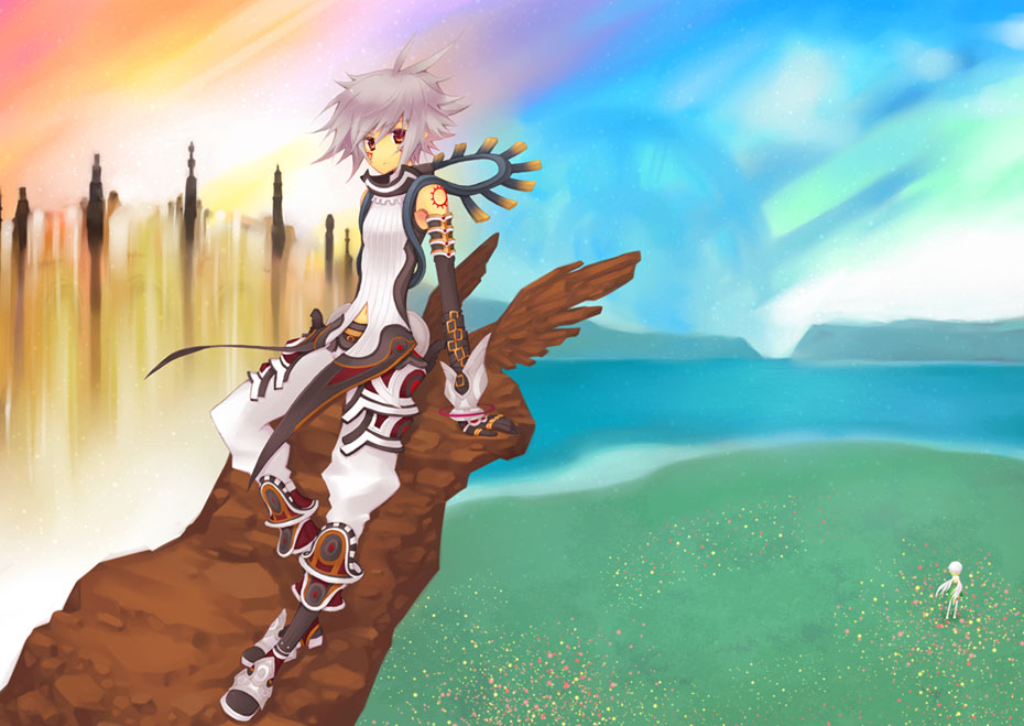 atoli, hack, haseo, .hack//, .hack//g.u., bandai, cyber connect 2, 00s, 1boy, 1girl, outdoors, red eyes, sky, white hair, wings