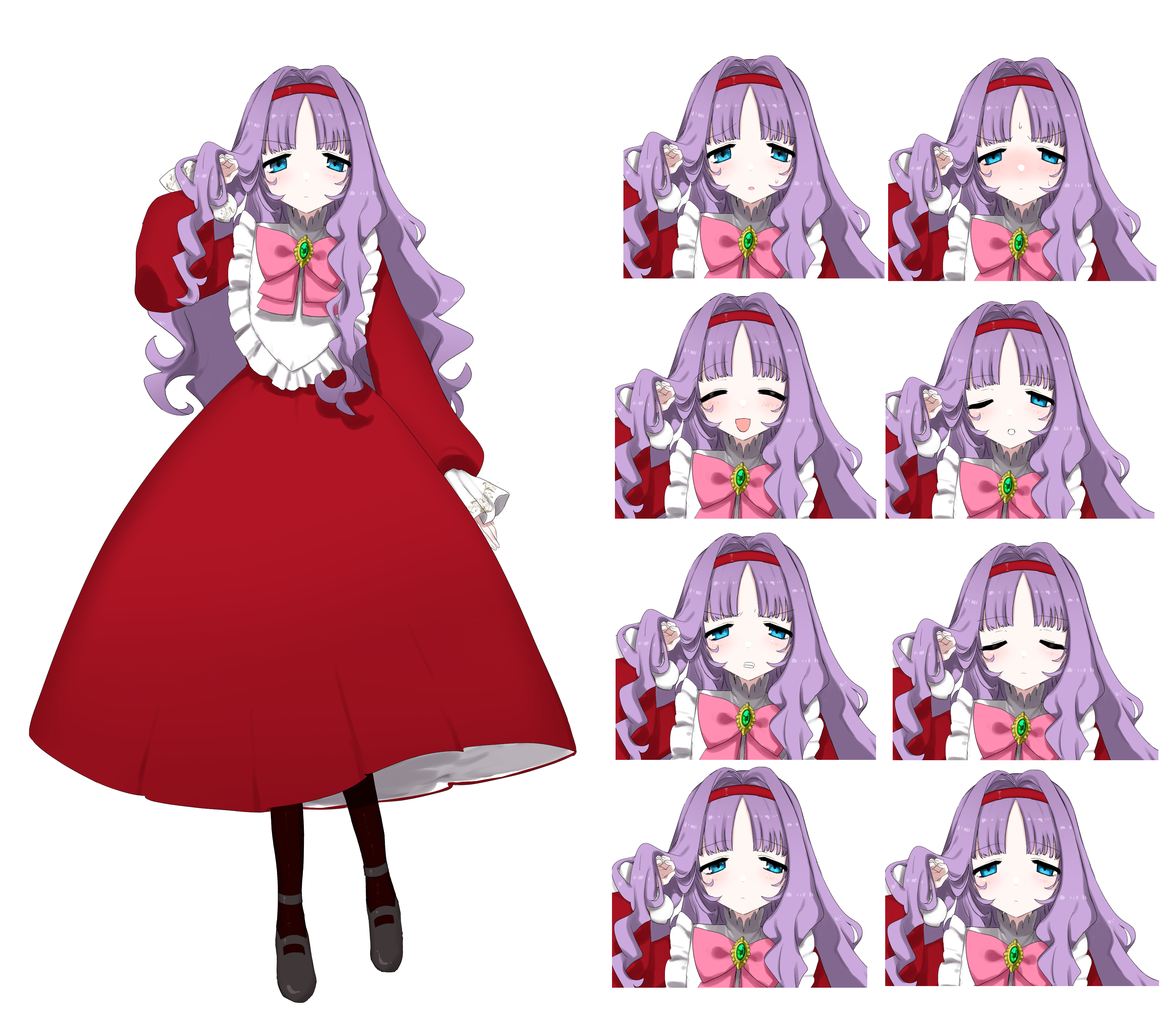 eurasia (wtp09ptw14), francoise (eurasia), original, absurdres, commentary request, highres, 1girl, aged down, black shoes, black socks, blue eyes, blush, bow, brooch, closed eyes, closed mouth, dress, expression chart, frills, full body, gem, green gemstone, hair intakes, hairband, hand in own hair, hand up, jewelry, long hair, long sleeves, looking at viewer, multiple expressions, one eye closed, open mouth, parted bangs, pink bow, purple hair, red dress, red hairband, shoes, simple background, smile, socks, standing, sweat, tareme, wavy hair, white background
