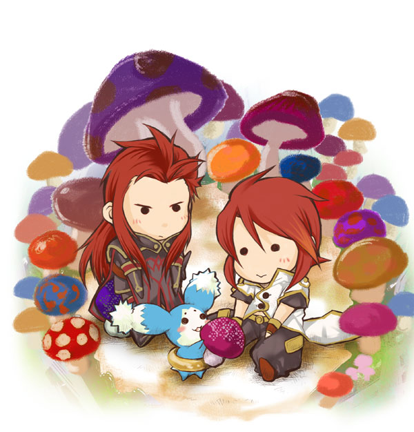 hige tei, asch (tales), luke fon fabre, mieu (tales), tales of (series), tales of the abyss, bad id, bad pixiv id, 00s, 2boys, :>, chibi, male focus, multiple boys, mushroom, nature, plant, red hair, surcoat