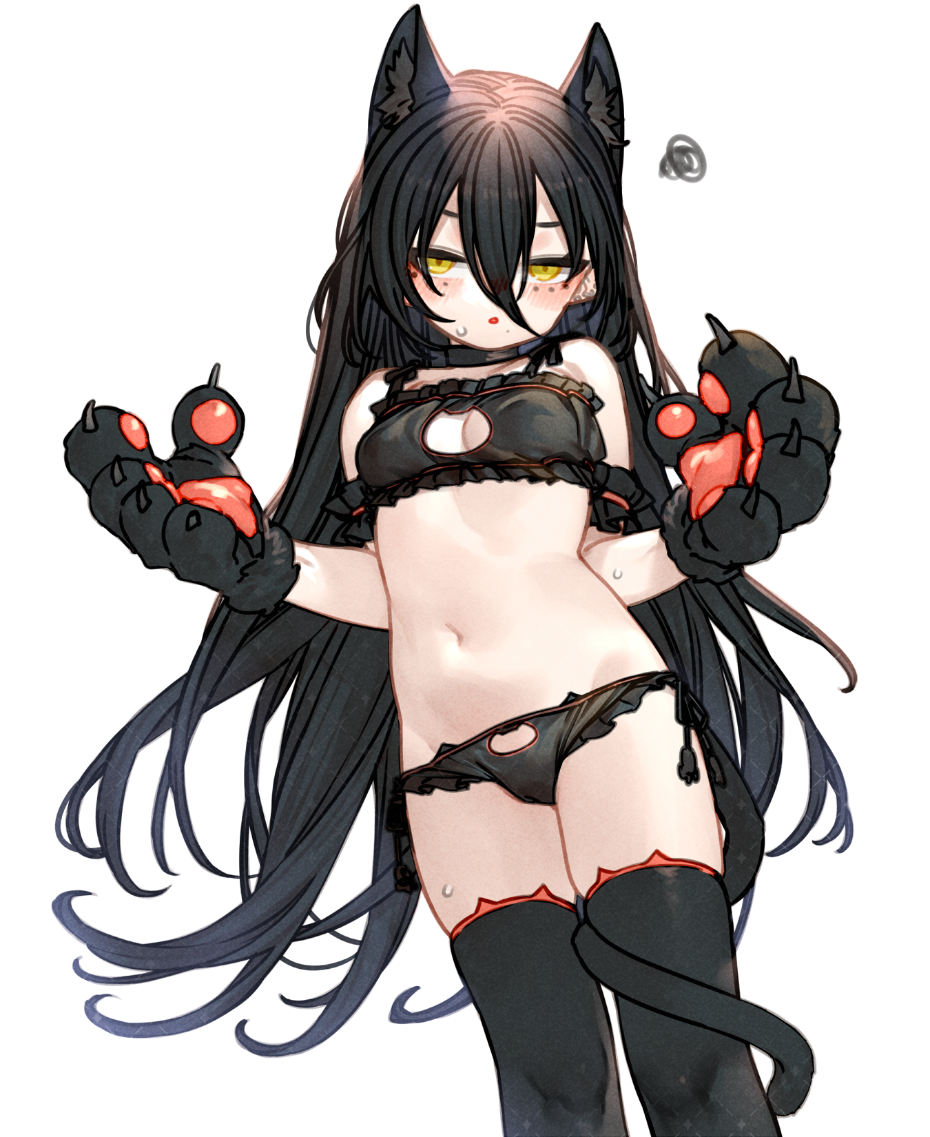 kochiya (gothope), dagda (arknights), arknights, commentary request, highres, paid reward available, 1girl, animal ears, animal hands, bare shoulders, black bra, black panties, black thighhighs, blonde hair, blush, bra, breasts, cat ears, cat girl, cat tail, cleavage, gloves, hair between eyes, looking at viewer, navel, open mouth, panties, paw gloves, simple background, small breasts, solo, sweat, tail, thighhighs, underwear, underwear only, white background, yellow eyes