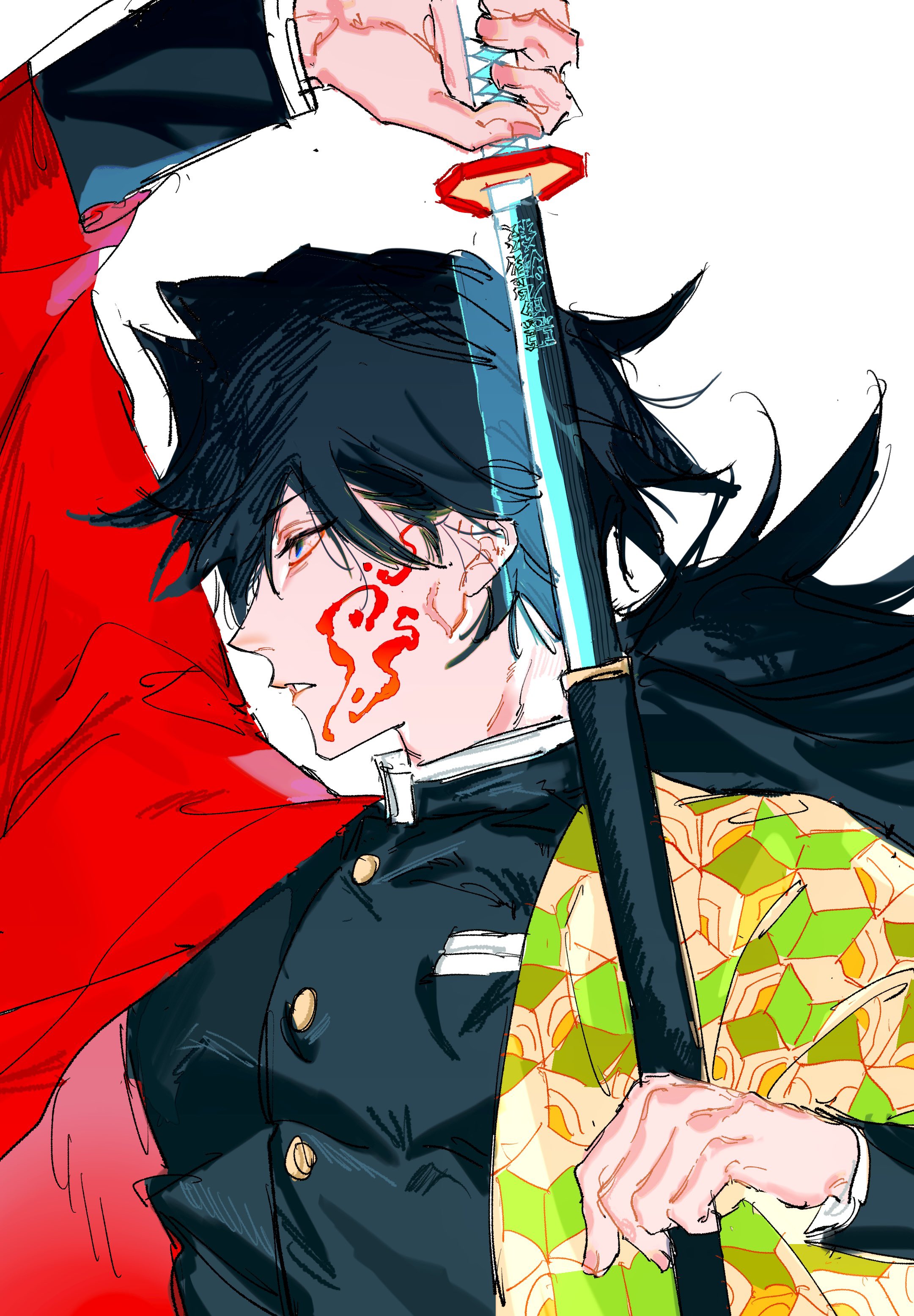 tomioka giyuu, kimetsu no yaiba, absurdres, highres, 1boy, arm up, black hair, black jacket, blood on cheek, blue eyes, buttons, demon slayer uniform, gold buttons, hair between eyes, haori, high collar, holding, holding sword, holding weapon, jacket, japanese clothes, katana, kikkoumon, low ponytail, male focus, parted lips, ponytail, print haori, profile, qbpfvb, red haori, sheath, simple background, solo, spiked hair, sword, teeth, unsheathing, weapon, white background