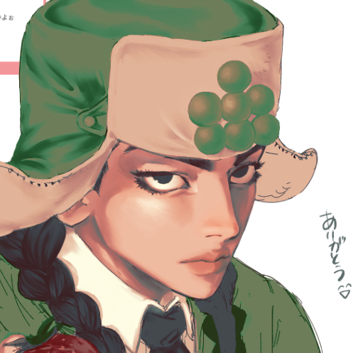 mamezuku rai, jojo no kimyou na bouken, jojolion, commentary, english commentary, lowres, translation request, unfinished, 1boy, black eyes, black hair, braid, closed mouth, collared shirt, food, fruit, fur hat, grape hat ornament, green hat, green jumpsuit, hagukya, hair over shoulder, hat, holding, holding food, jumpsuit, looking at viewer, necktie, portrait, shirt, solo, twin braids, ushanka, white background, white shirt