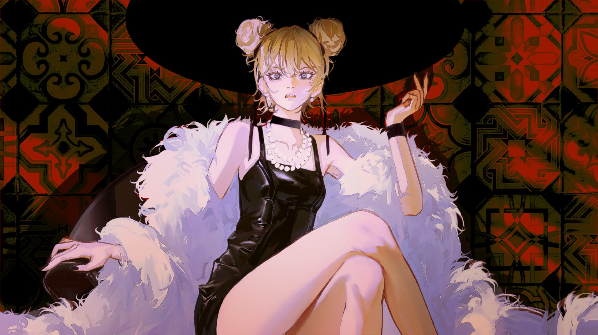 john kafka, original, commentary, english commentary, highres, 1girl, black choker, black dress, black nails, brown hair, choker, crossed legs, double bun, dress, hair between eyes, hair bun, looking at viewer, mole, mole under eye, nail polish, open mouth, short hair, sitting, sleeveless, sleeveless dress, solo, teeth, upper teeth only
