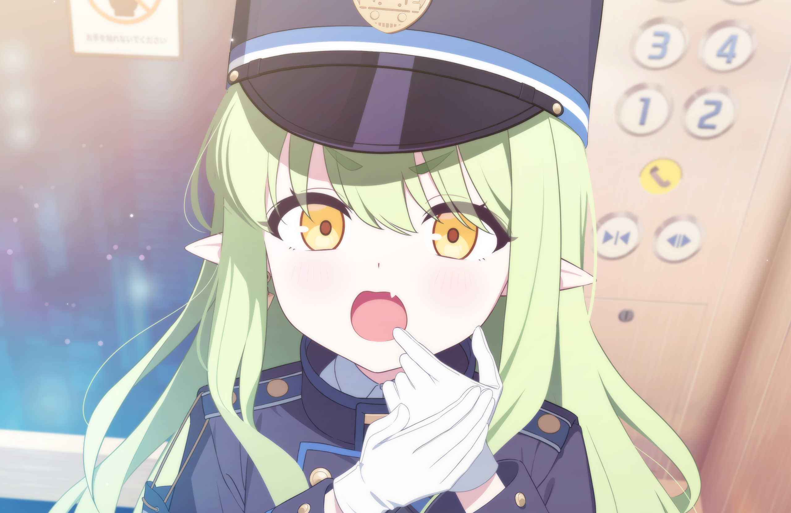 blanchat, hikari (blue archive), blue archive, game cg, highres, official art, 1girl, black jacket, blue jacket, blurry, blurry background, blush, buttons, double-breasted, elevator, fang, gloves, green hair, hair between eyes, hat, jacket, long hair, long sleeves, looking at viewer, making faces, open mouth, peaked cap, pointy ears, solo, thick eyebrows, train conductor, upper body, white gloves, yellow eyes