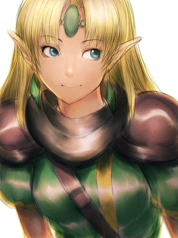 fumio (rsqkr), lucia (chronicles of mystara), dungeons & dragons: chronicles of mystara, 1girl, armor, backlighting, between breasts, blonde hair, blue eyes, breasts, circlet, closed mouth, earrings, elf, female focus, jewelry, light smile, long hair, long pointy ears, looking to the side, parted bangs, pauldrons, pointy ears, short sleeves, shoulder armor, simple background, sketch, smile, solo, strap between breasts, upper body, white background