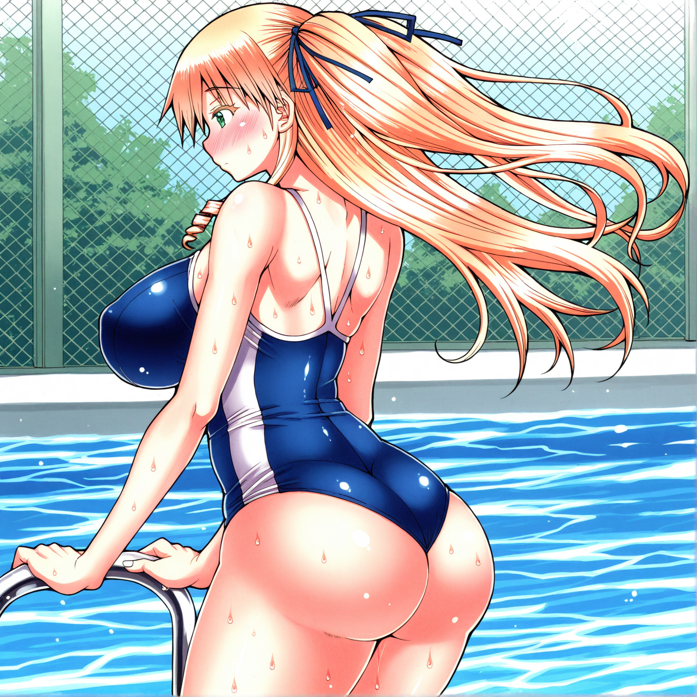 highres, non-web source, 1girl, ayano mariangela, blonde hair, breasts, green eyes, groin, kagome no inyoku, poolside, profile, school swimsuit, swimsuit