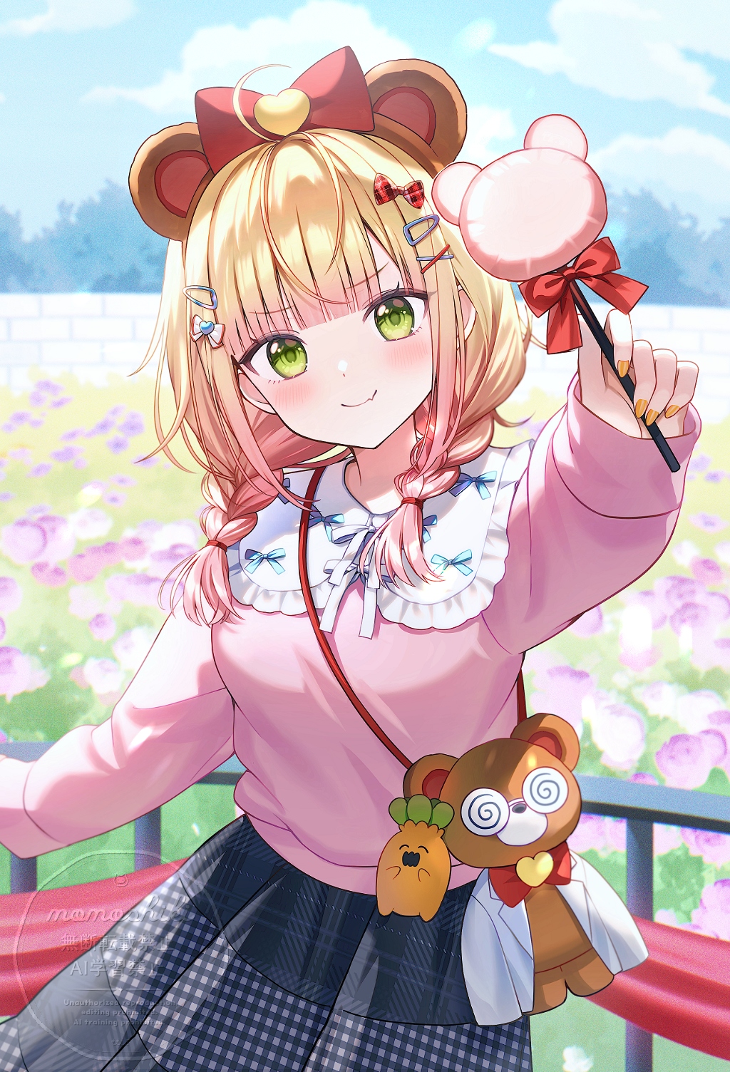 momoshiki tsubaki, momosuzu nene, nekko (momosuzu nene), hololive, commentary, highres, symbol-only commentary, 1girl, alternate costume, bag, blonde hair, blue skirt, blunt bangs, blurry, blurry background, bow, braid, closed mouth, collared shirt, day, food, frilled shirt collar, frills, gradient hair, green eyes, hair bow, hair ornament, hair over shoulder, hairclip, holding, holding food, holding popsicle, long hair, long sleeves, looking at viewer, low twin braids, multicolored hair, nail polish, outdoors, pink hair, pink shirt, plaid clothes, plaid skirt, popsicle, shirt, shoulder bag, skirt, sky, sleeves past wrists, smile, solo, twin braids, virtual youtuber, yellow nails
