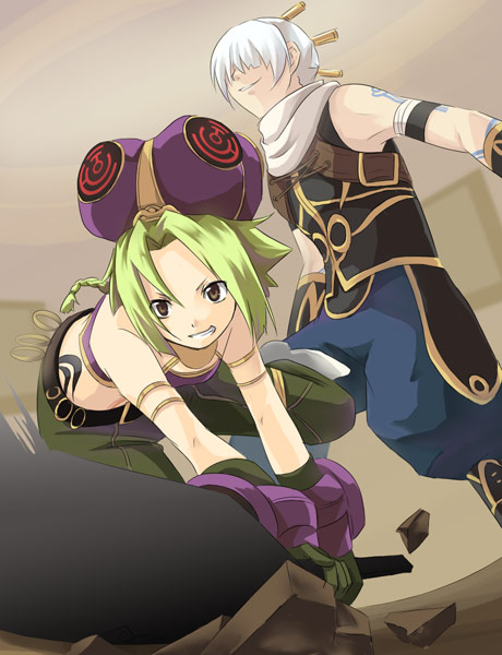 asta (.hack//), iyoten, .hack//, .hack//g.u., bandai, cyber connect 2, 00s, green hair, smirk, sword, trap, weapon, white hair