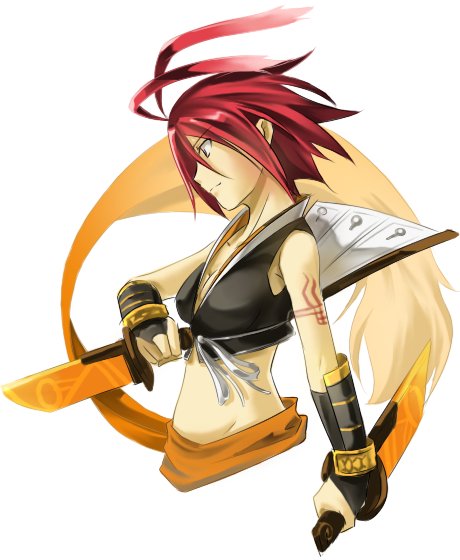 alkaid (.hack//), hack, .hack//, .hack//g.u., bandai, cyber connect 2, blade, 00s, 1girl, ahoge, antenna hair, breasts, cleavage, crop top, dual wielding, female focus, holding, midriff, red hair, scarf, solo, sword, tattoo, weapon