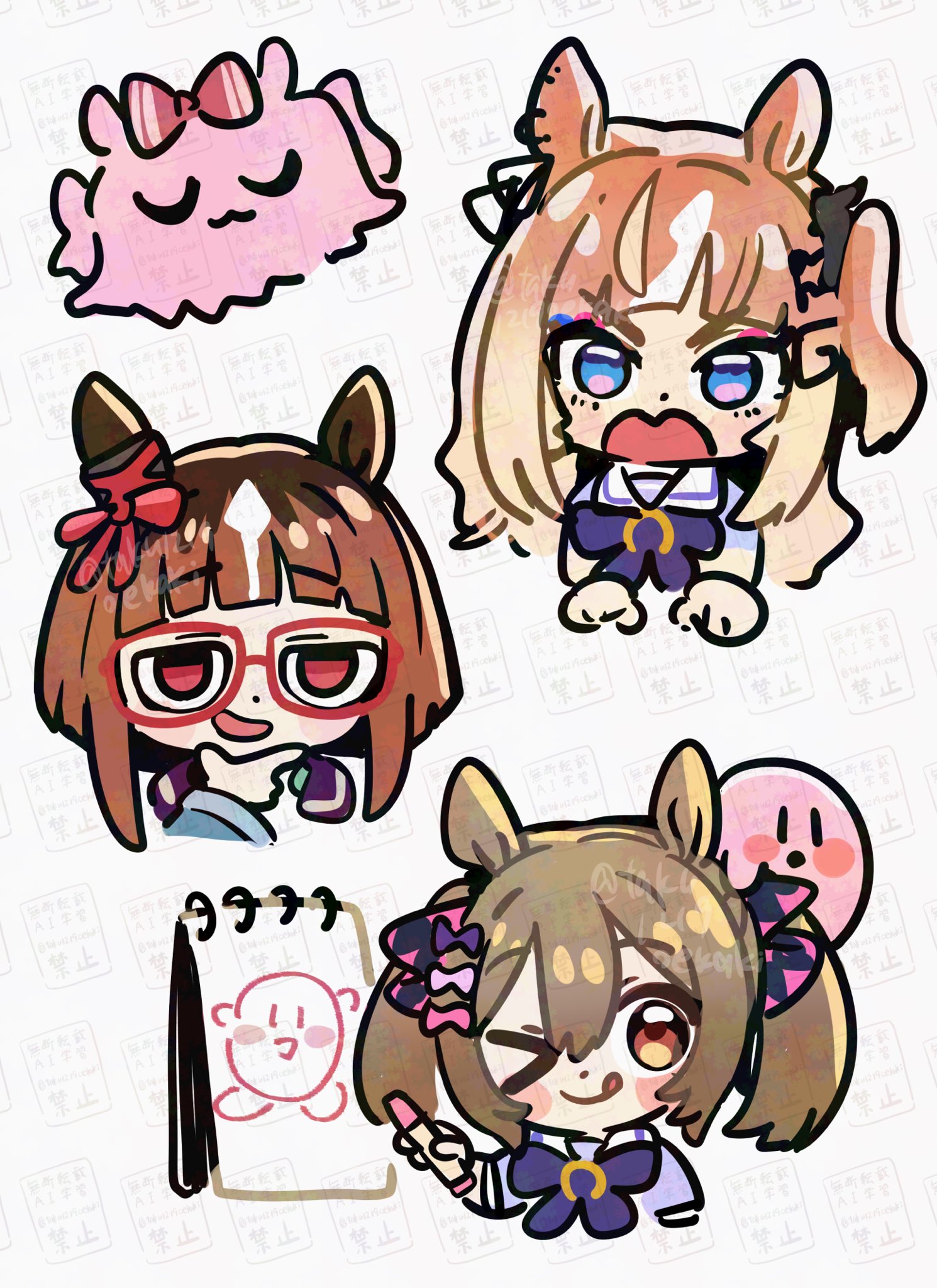 takuan (taku1219oekaki), agnes digital (umamusume), espoir city (umamusume), kirby, smart falcon (umamusume), transcend (umamusume), kirby (series), nintendo, umamusume, highres, 3girls, animal ears, blonde hair, brown hair, chibi, crayon, drawing (object), glasses, horse ears, horseshoe ornament, multiple girls, ribbon, school uniform, simple background, smile, tongue, tongue out, tracen school uniform, white background