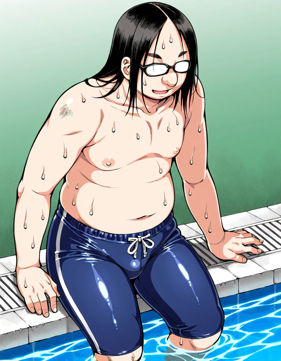 non-web source, 1boy, fat, fat man, glasses, kagome no inyoku, male focus, male swimwear, poolside, sitting, ugly bastard