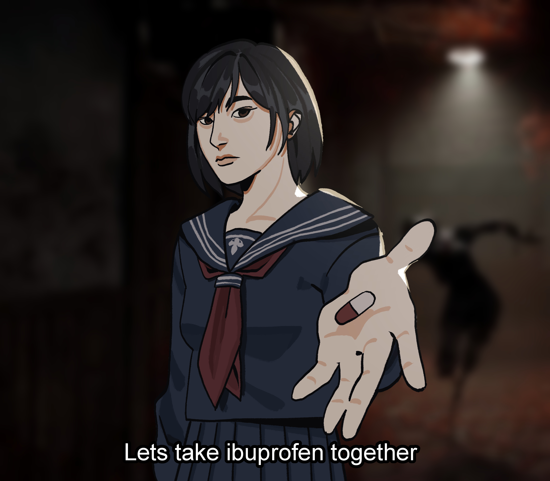 k0wee, shimizu hinako, silent hill (series), silent hill f, highres, 1girl, black hair, blurry, blurry background, brown eyes, english text, expressionless, incoming gift, looking at viewer, medium hair, meme, pill, school uniform, serafuku