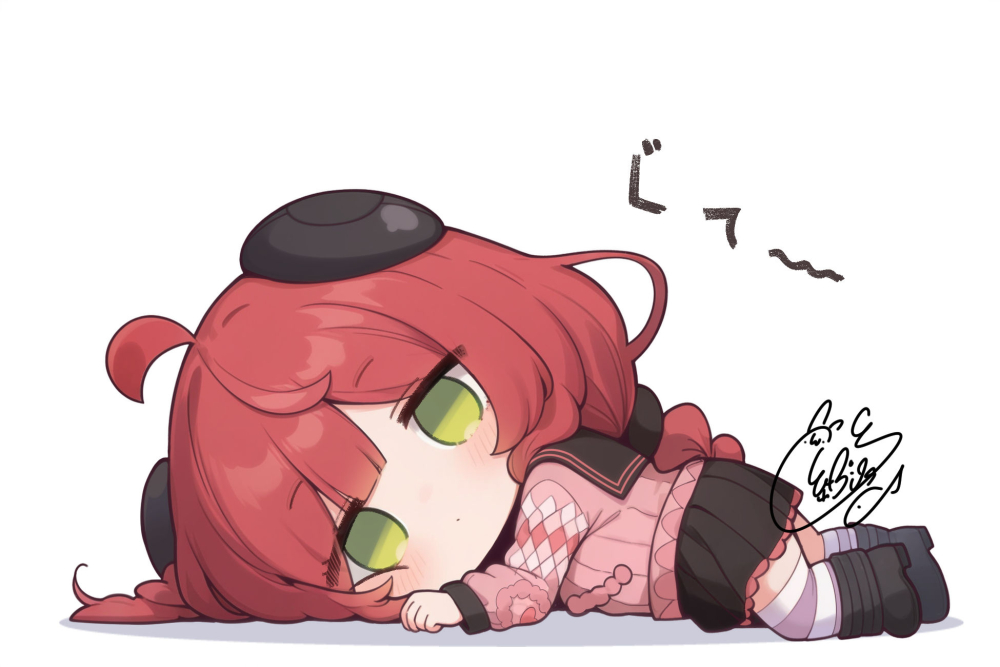 beni shake, ukinami yuzuha, zenless zone zero, commentary request, translation request, 1girl, ahoge, black boots, black sailor collar, black skirt, blush, boots, braid, chibi, closed mouth, empty eyes, full body, green eyes, hand up, kneehighs, long hair, long sleeves, looking at viewer, low twintails, lying, on stomach, pink sweater, pleated skirt, puffy long sleeves, puffy sleeves, red hair, sailor collar, shadow, signature, simple background, single kneehigh, single sock, single thighhigh, skirt, socks, solo, striped clothes, striped socks, striped thighhighs, sweater, thighhighs, thighhighs under boots, twin braids, twintails, very long hair, white background