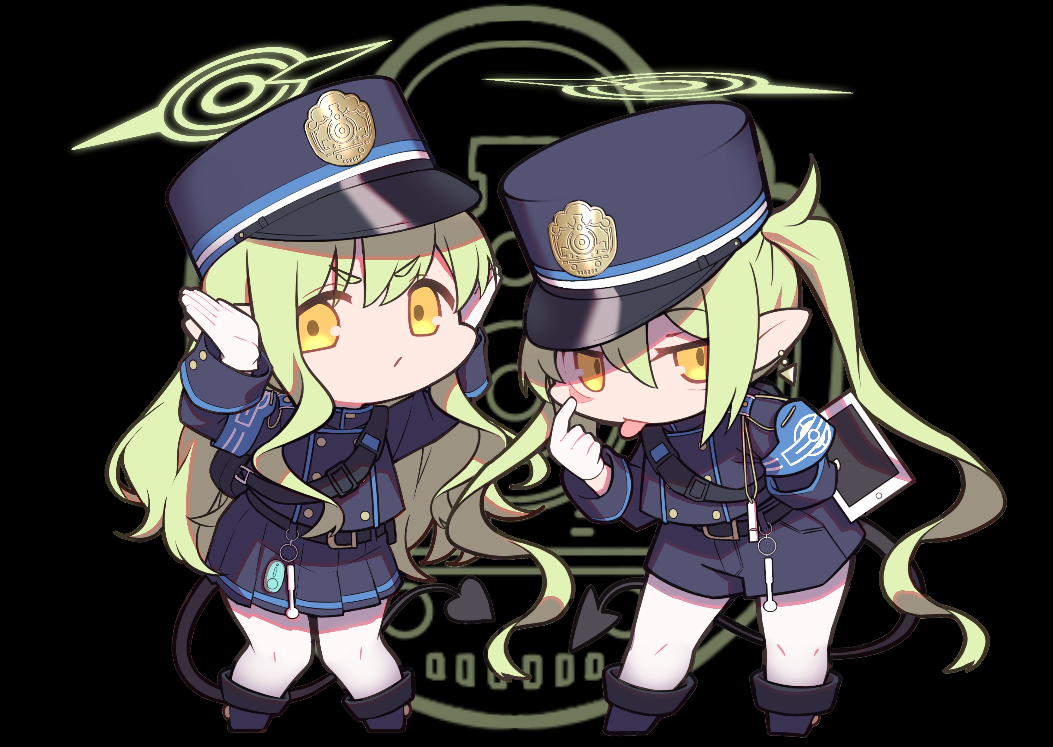 akuma (st.takuma), hikari (blue archive), nozomi (blue archive), blue archive, absurdres, commentary request, highres, 2girls, :p, black background, black hat, black jacket, black shorts, black skirt, chibi, full body, gloves, green hair, green halo, halo, hat, jacket, long hair, looking at viewer, multiple girls, pantyhose, pointy ears, shorts, siblings, sidelocks, sisters, skirt, standing, tongue, tongue out, twins, twintails, white gloves, white pantyhose, yellow eyes